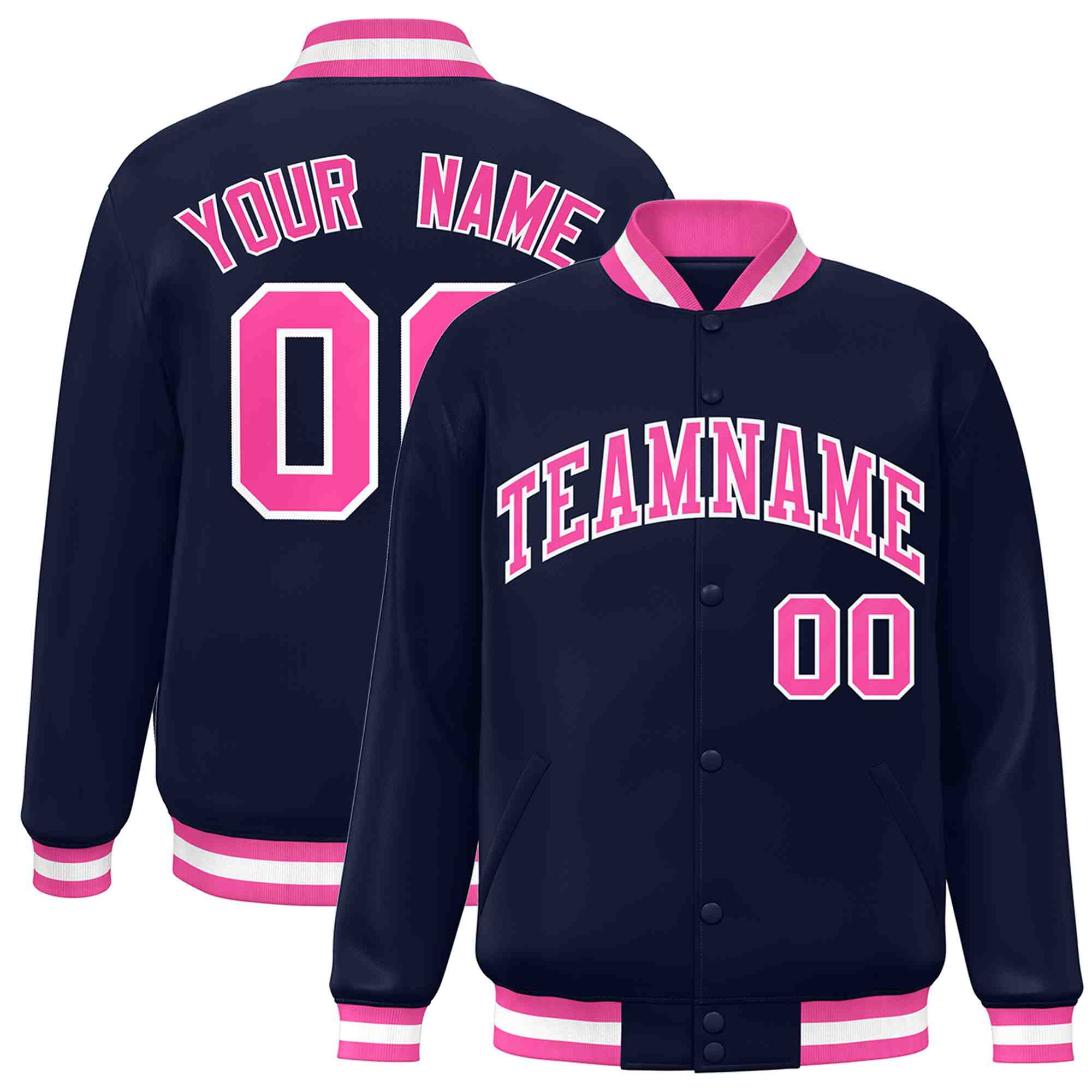 Custom Navy Pink-White Classic Style Varsity Full-Snap Letterman Jacket