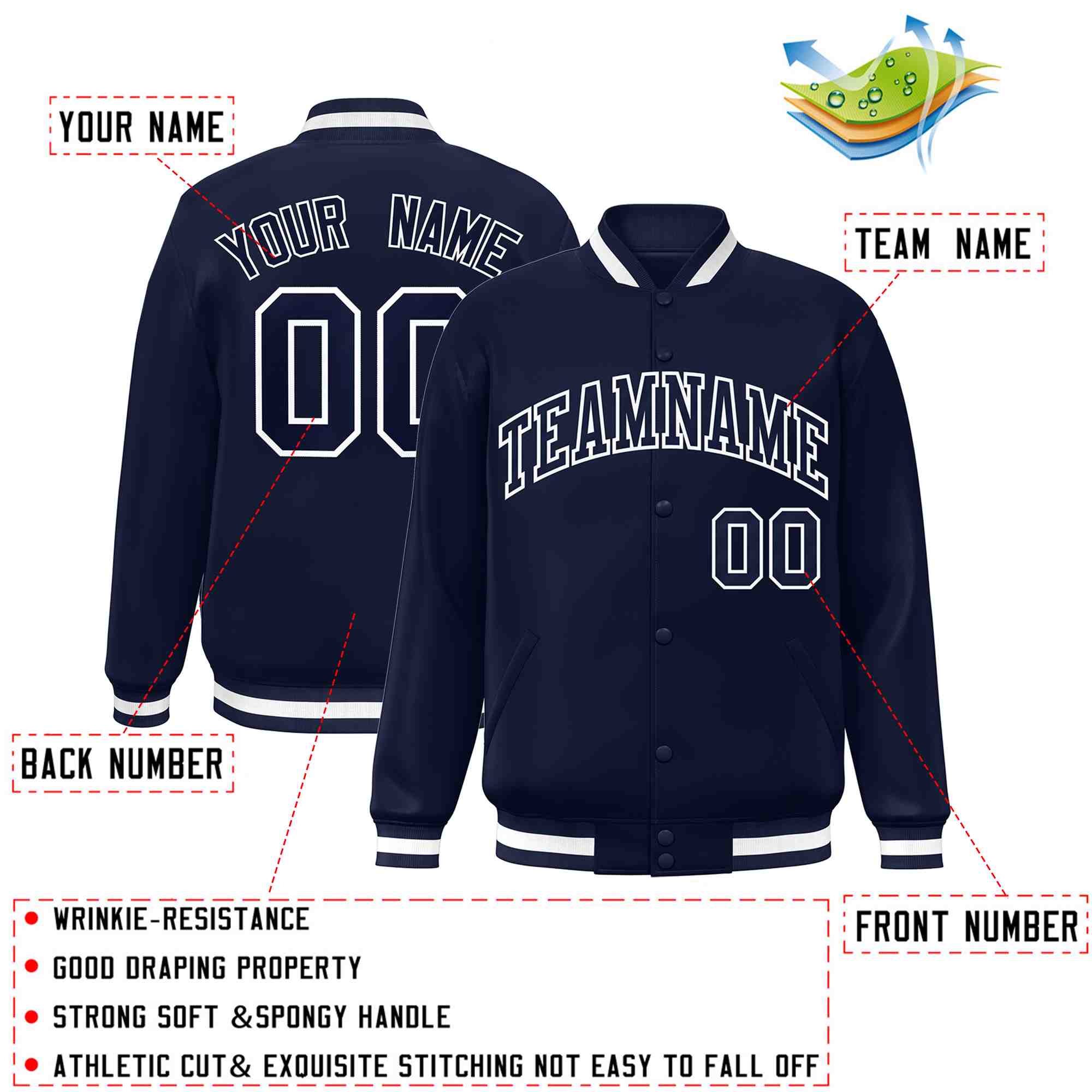 Custom Navy Navy-White Classic Style Varsity Full-Snap Letterman Jacket