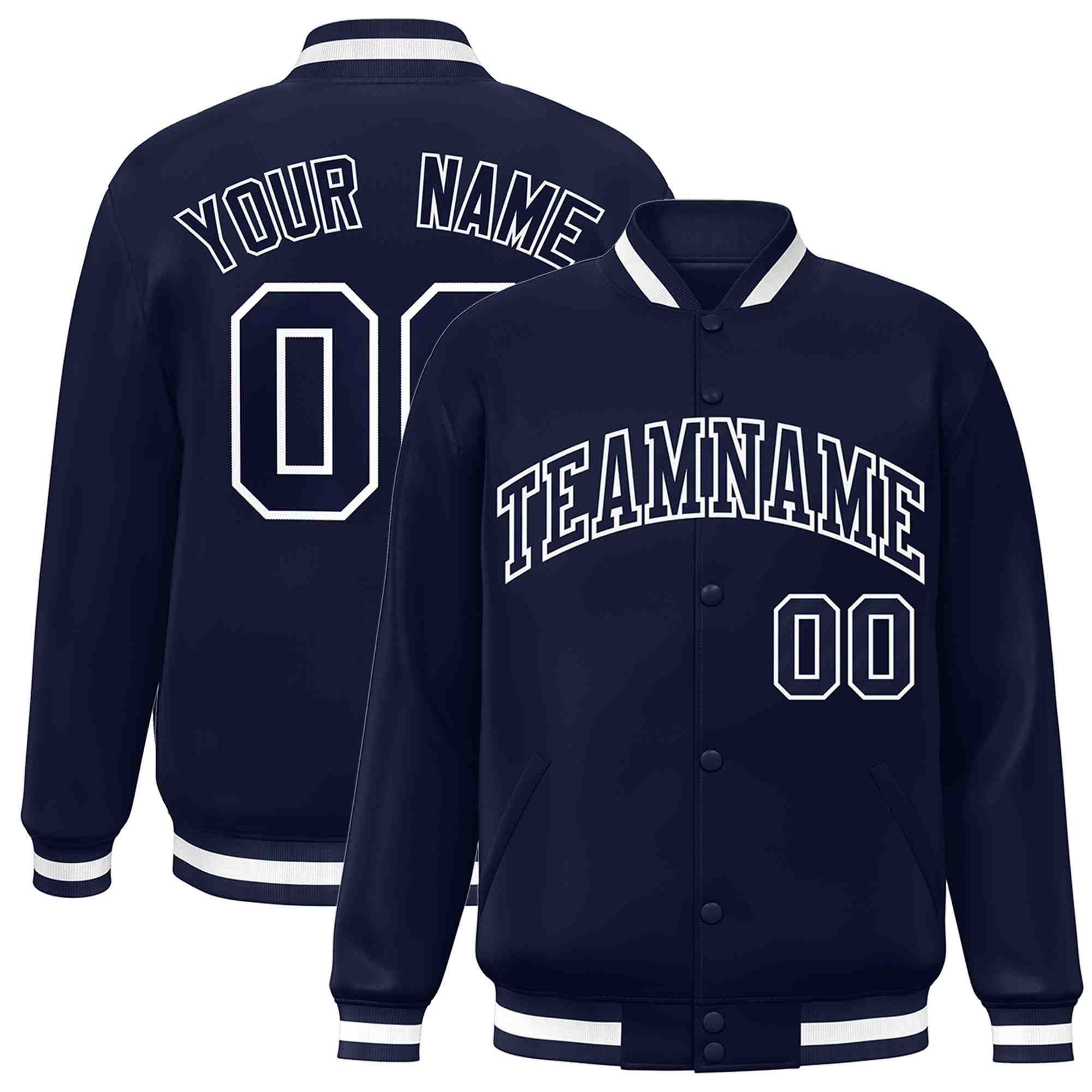 Custom Navy Navy-White Classic Style Varsity Full-Snap Letterman Jacket