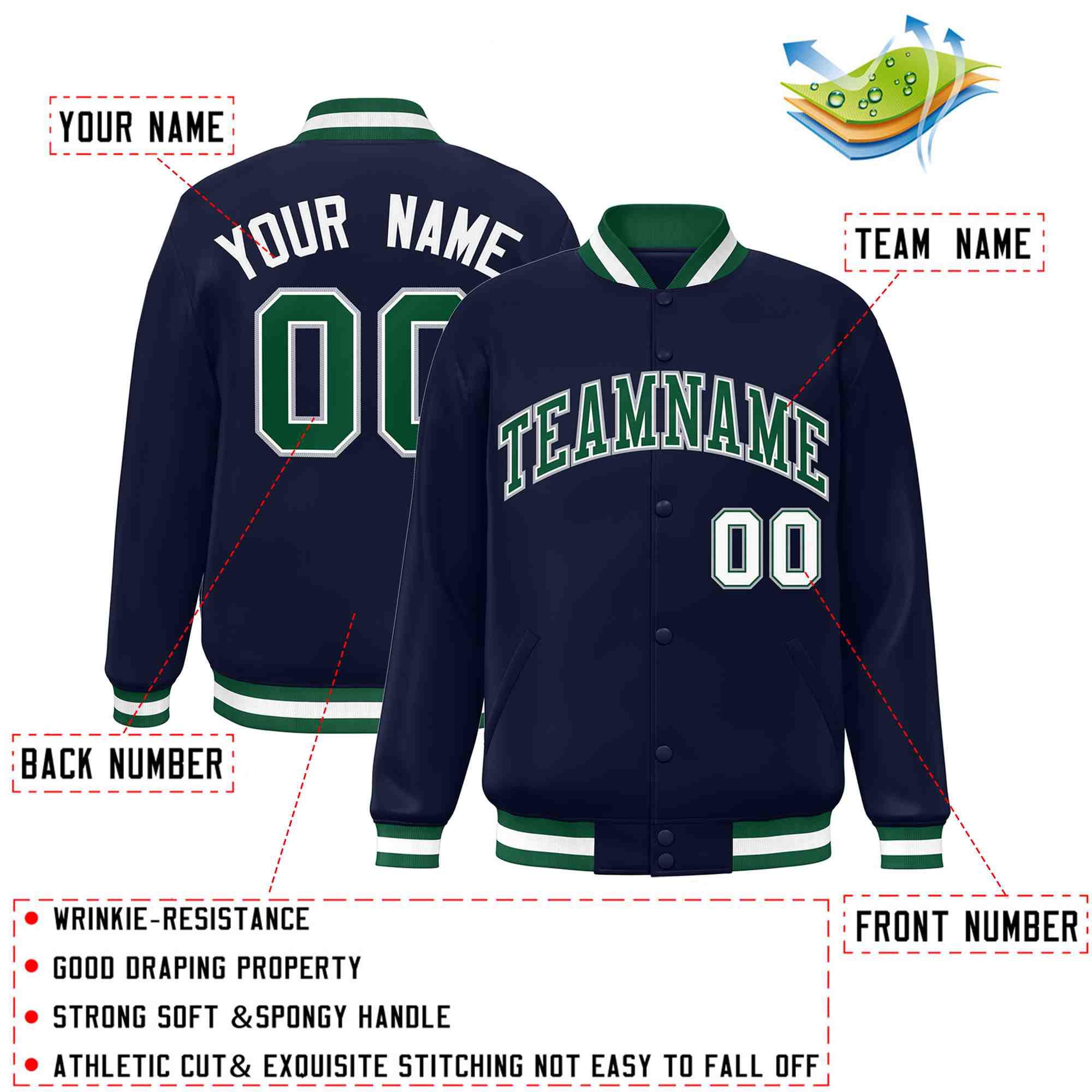 Custom Navy Green-White Classic Style Varsity Full-Snap Letterman Jacket