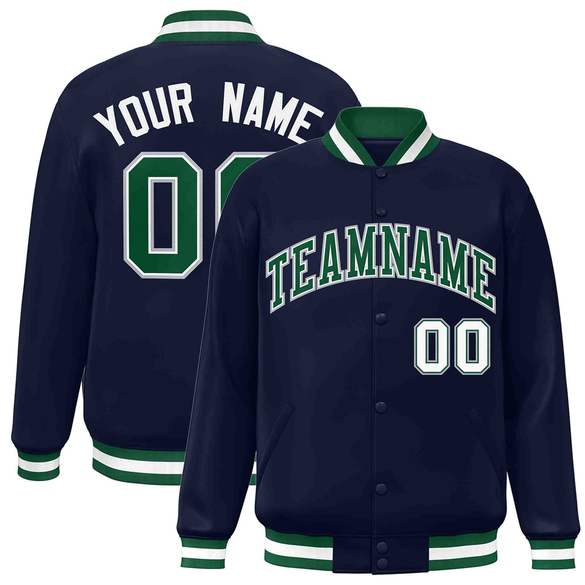 Custom Navy Green-White Classic Style Varsity Full-Snap Letterman Jacket