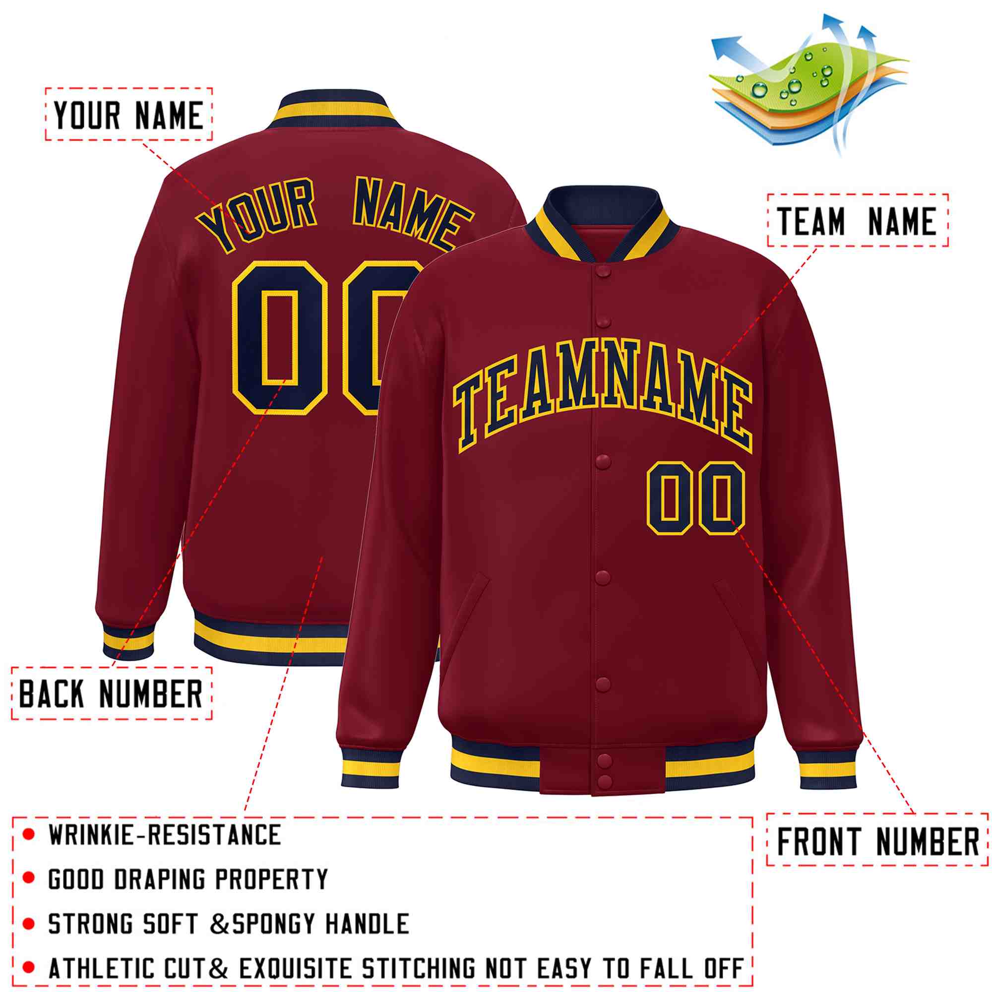 Custom Crimson Navy-Gold Classic Style Varsity Full-Snap Letterman Jacket