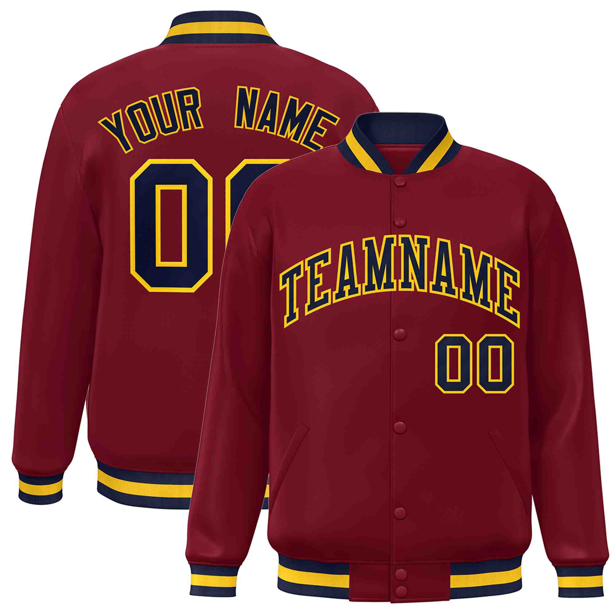 Custom Crimson Navy-Gold Classic Style Varsity Full-Snap Letterman Jacket