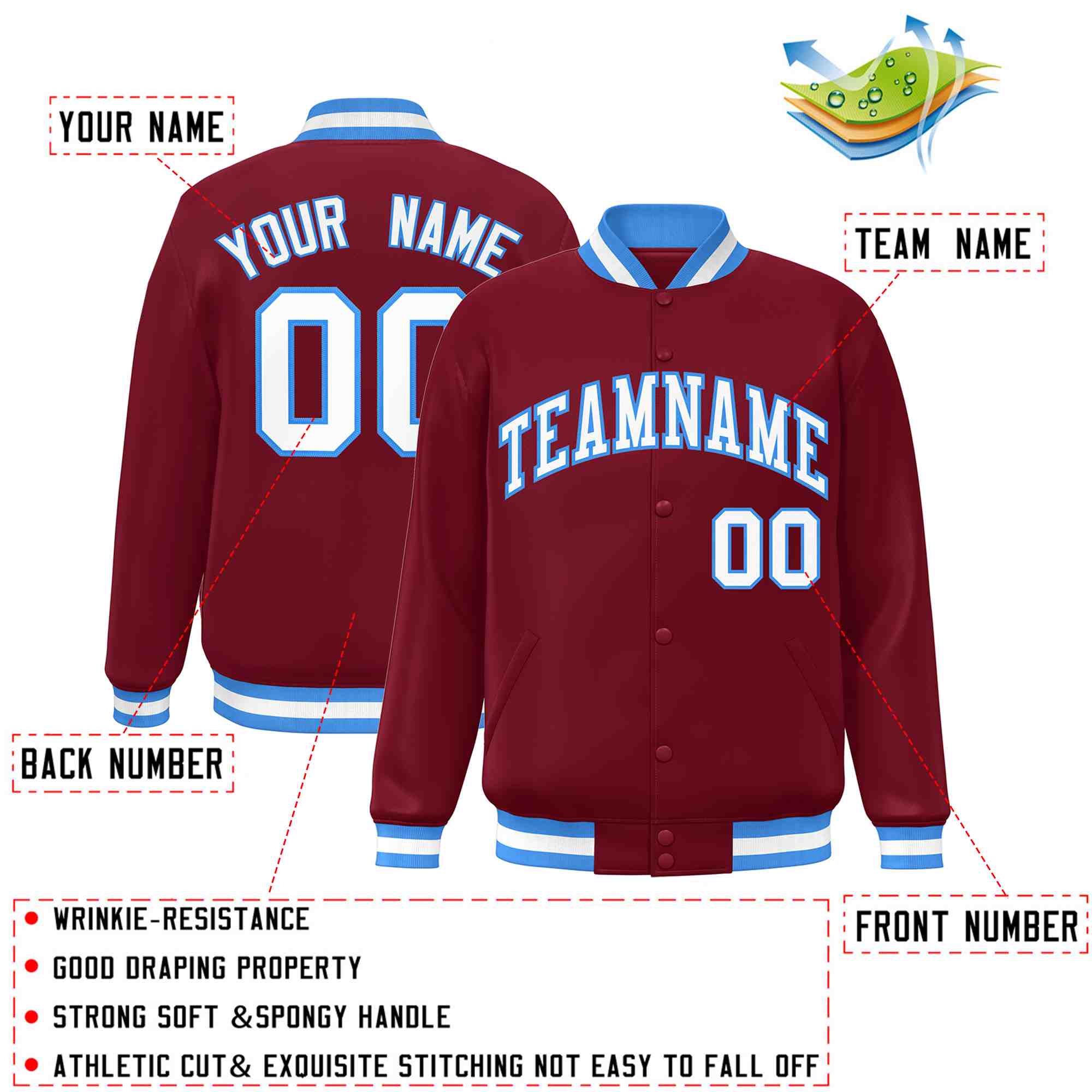 Custom Crimson White-Powder Blue Classic Style Varsity Full-Snap Letterman Jacket