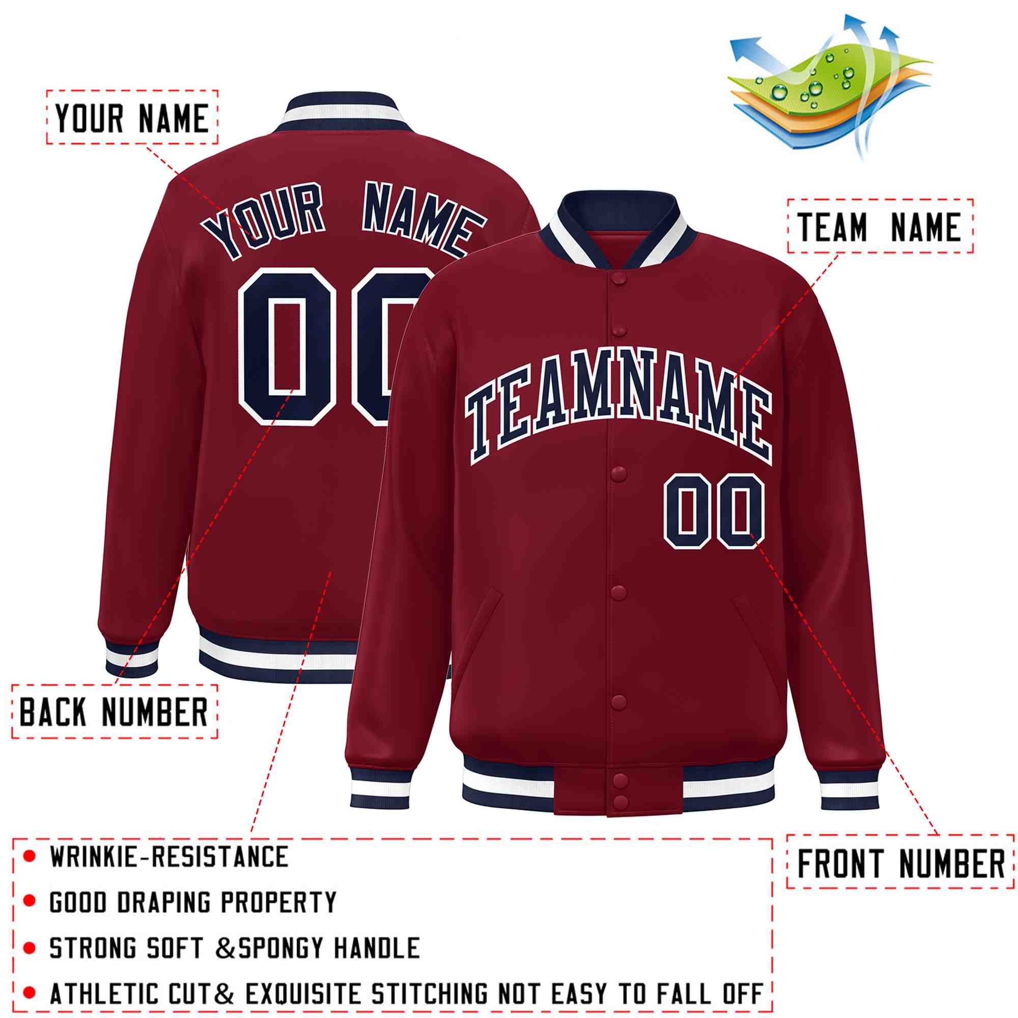 Custom Crimson Navy-White Classic Style Varsity Full-Snap Letterman Jacket