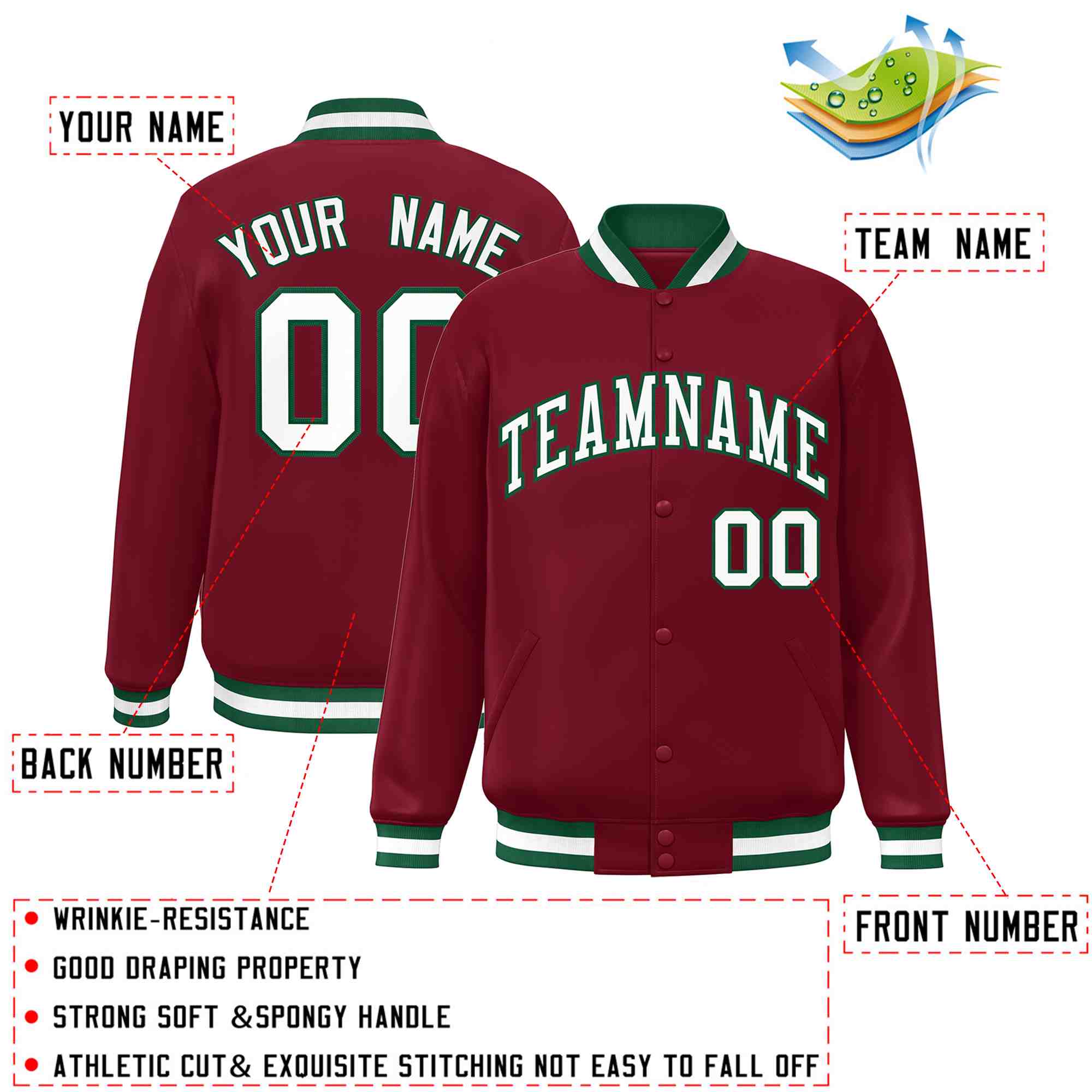 Custom Crimson White-Green Classic Style Varsity Full-Snap Letterman Jacket