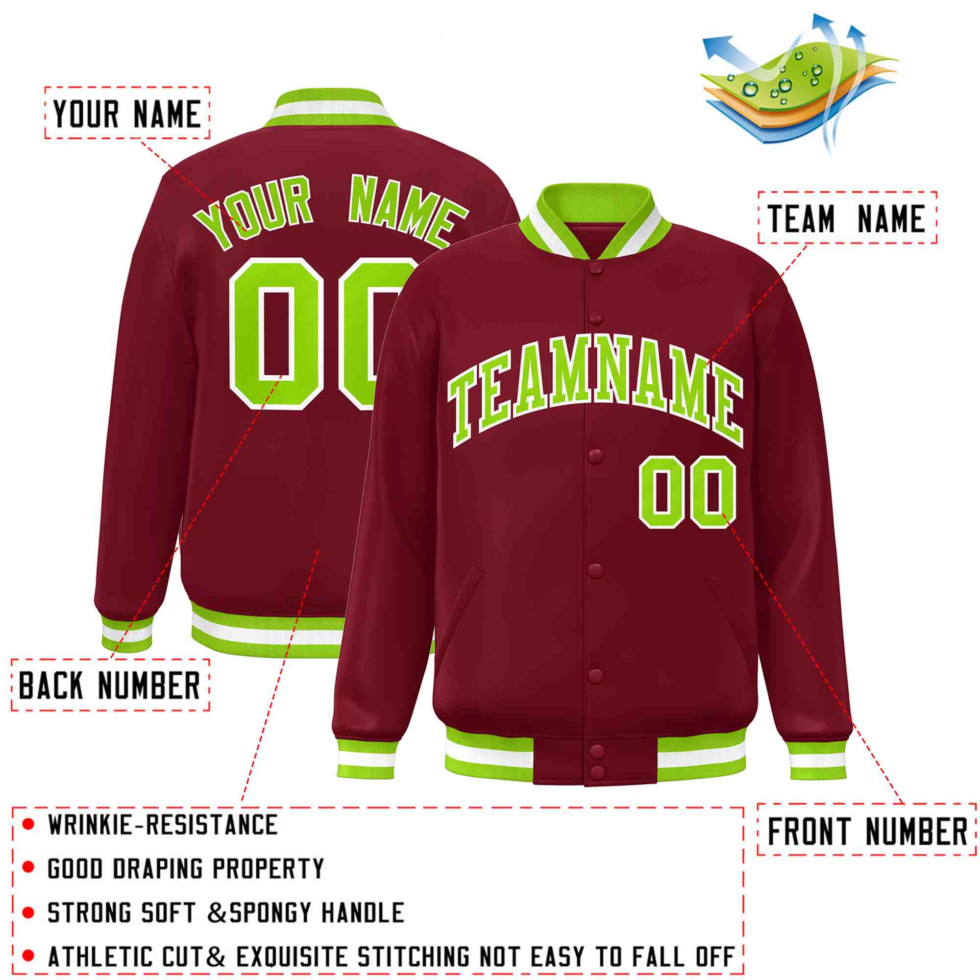 Custom Crimson Neon Green-White Classic Style Varsity Full-Snap Letterman Jacket