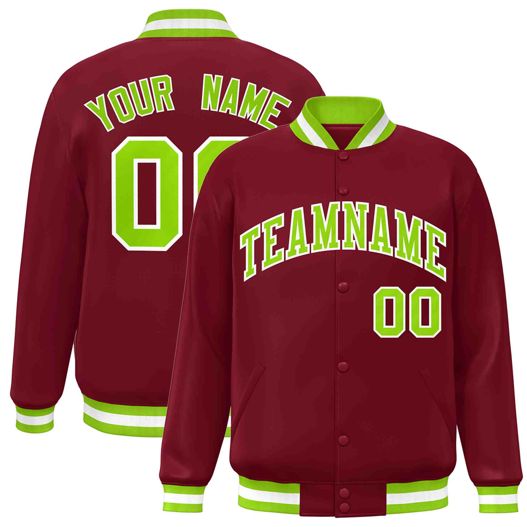 Custom Crimson Neon Green-White Classic Style Varsity Full-Snap Letterman Jacket