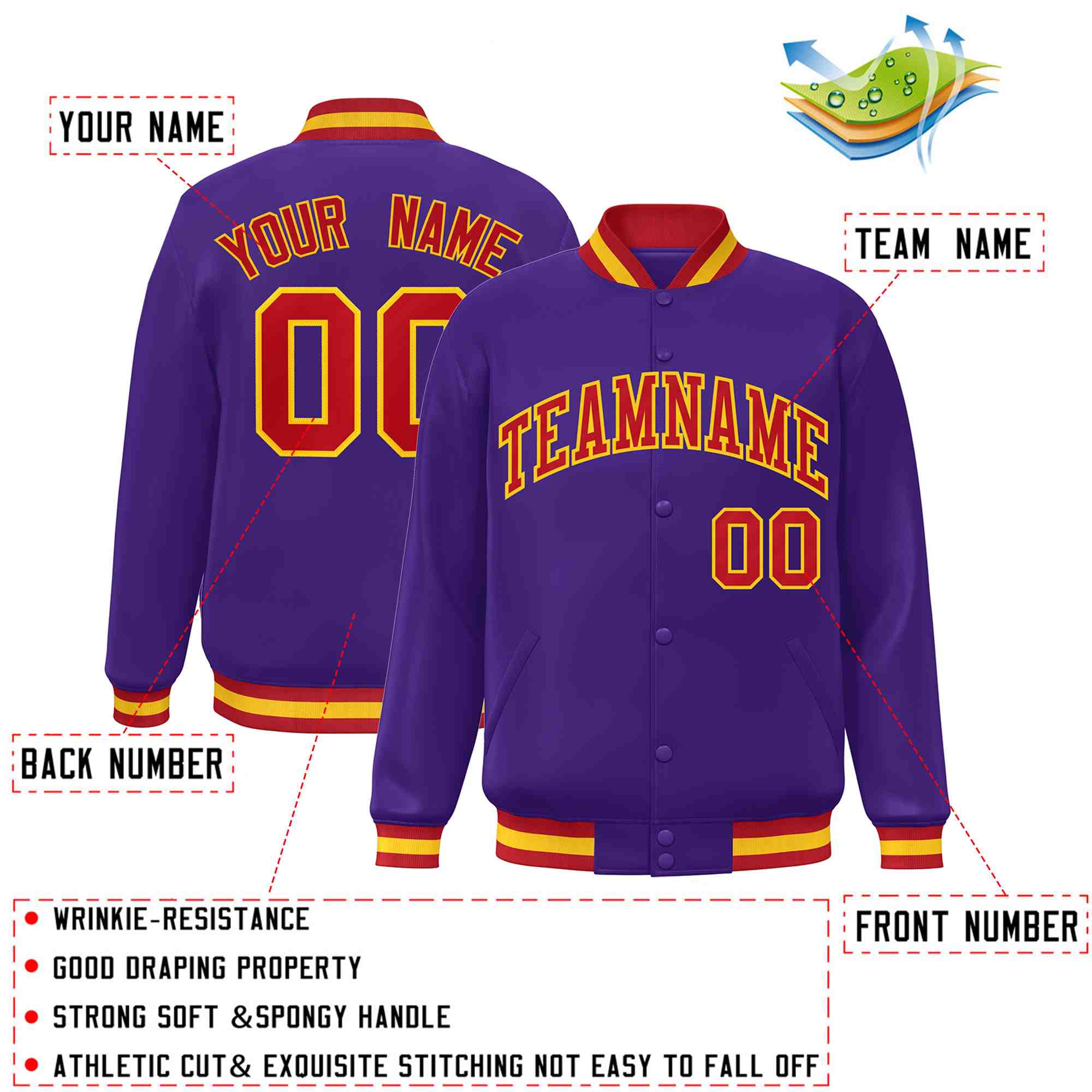 Custom Purple Red-Gold Classic Style Varsity Full-Snap Letterman Jacket