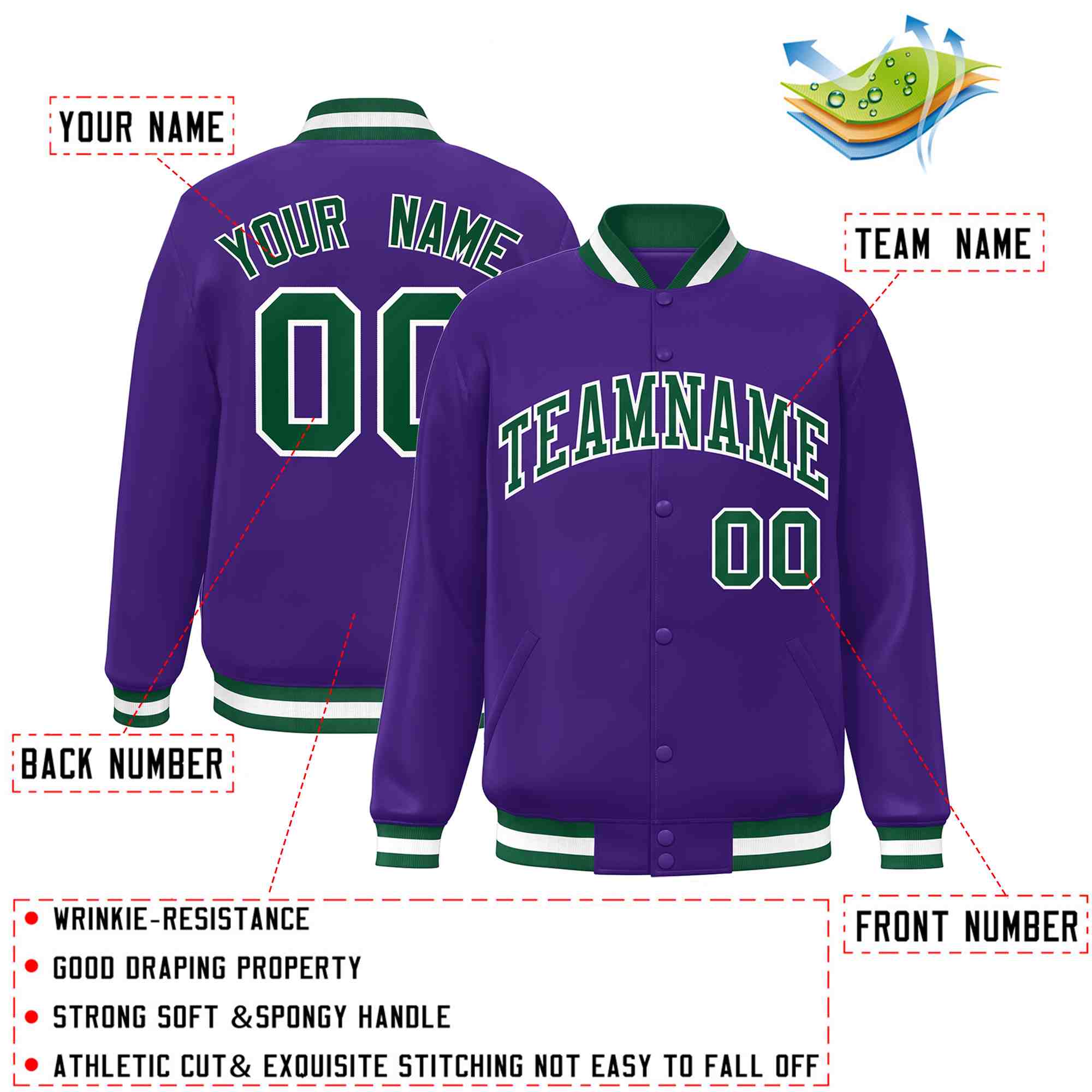 Custom Purple Green-White Classic Style Varsity Full-Snap Letterman Jacket