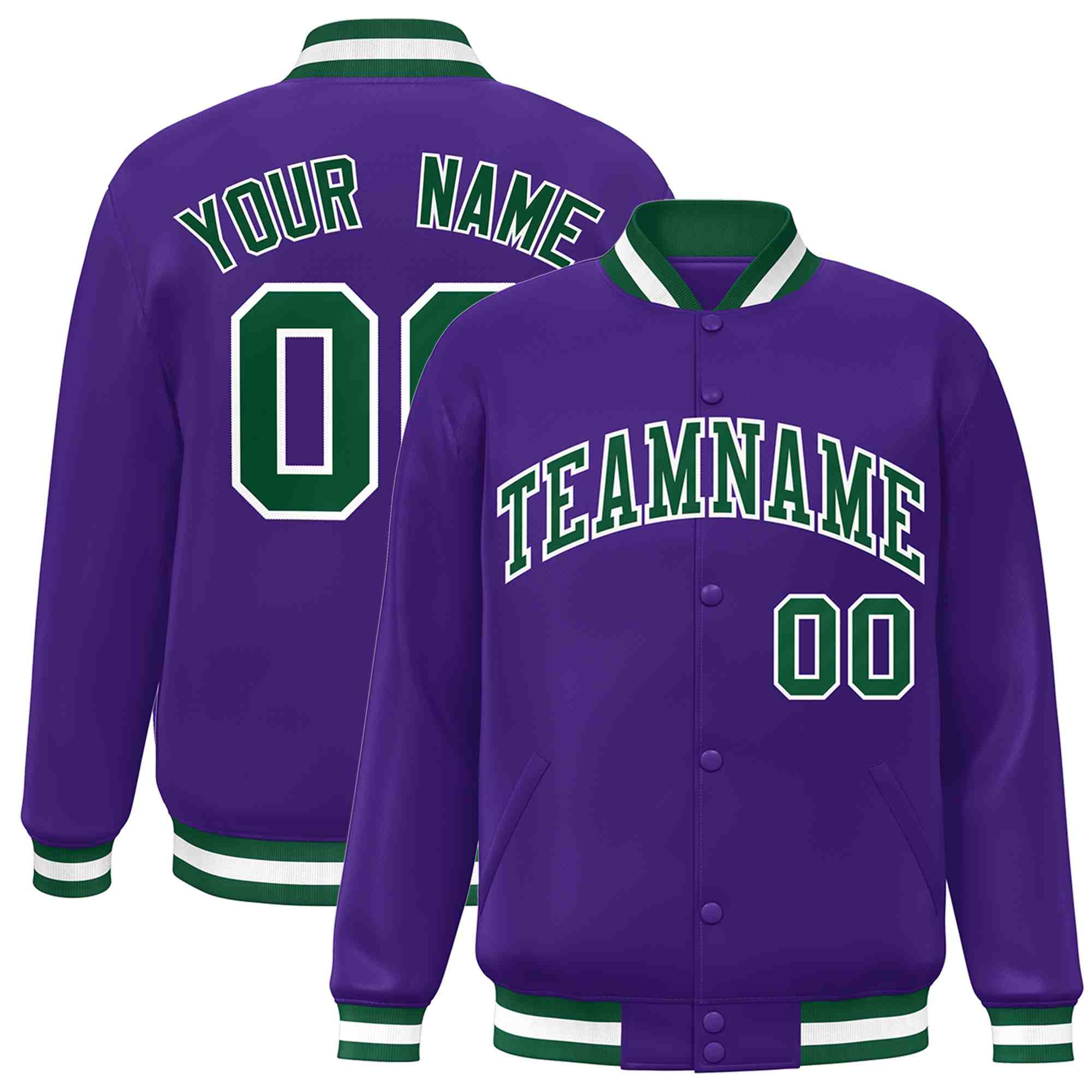 Custom Purple Green-White Classic Style Varsity Full-Snap Letterman Jacket