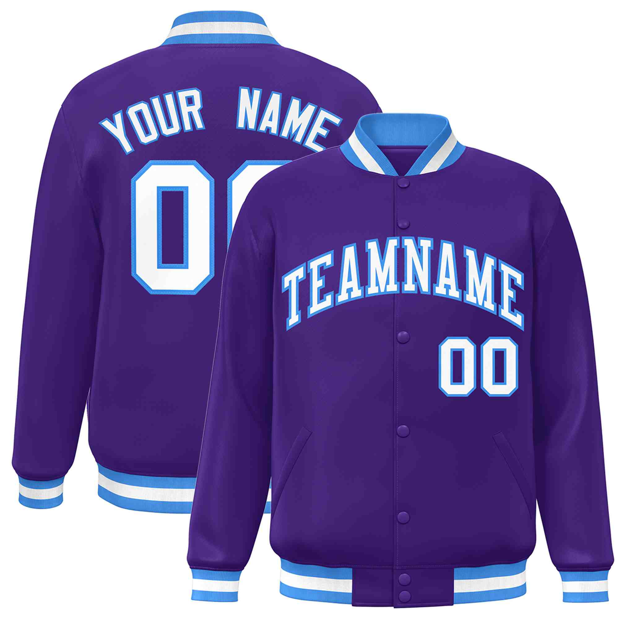 Custom Purple White-Powder Blue Classic Style Varsity Full-Snap Letterman Jacket