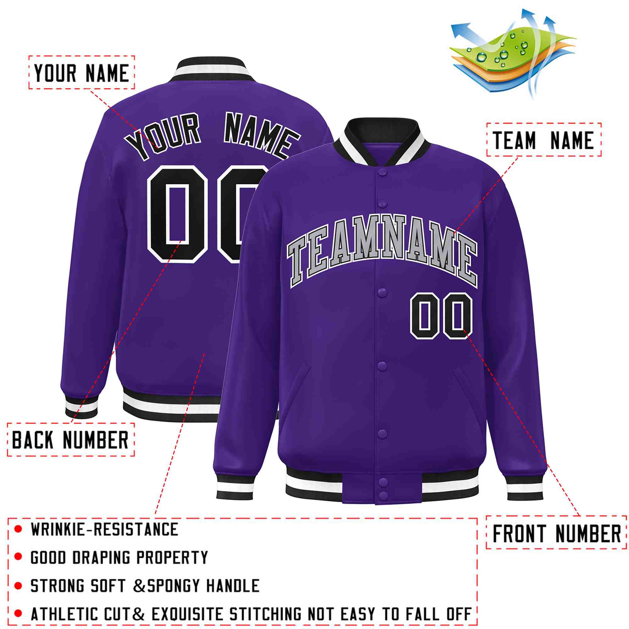 Custom Purple Gray-Black Classic Style Varsity Full-Snap Letterman Jacket