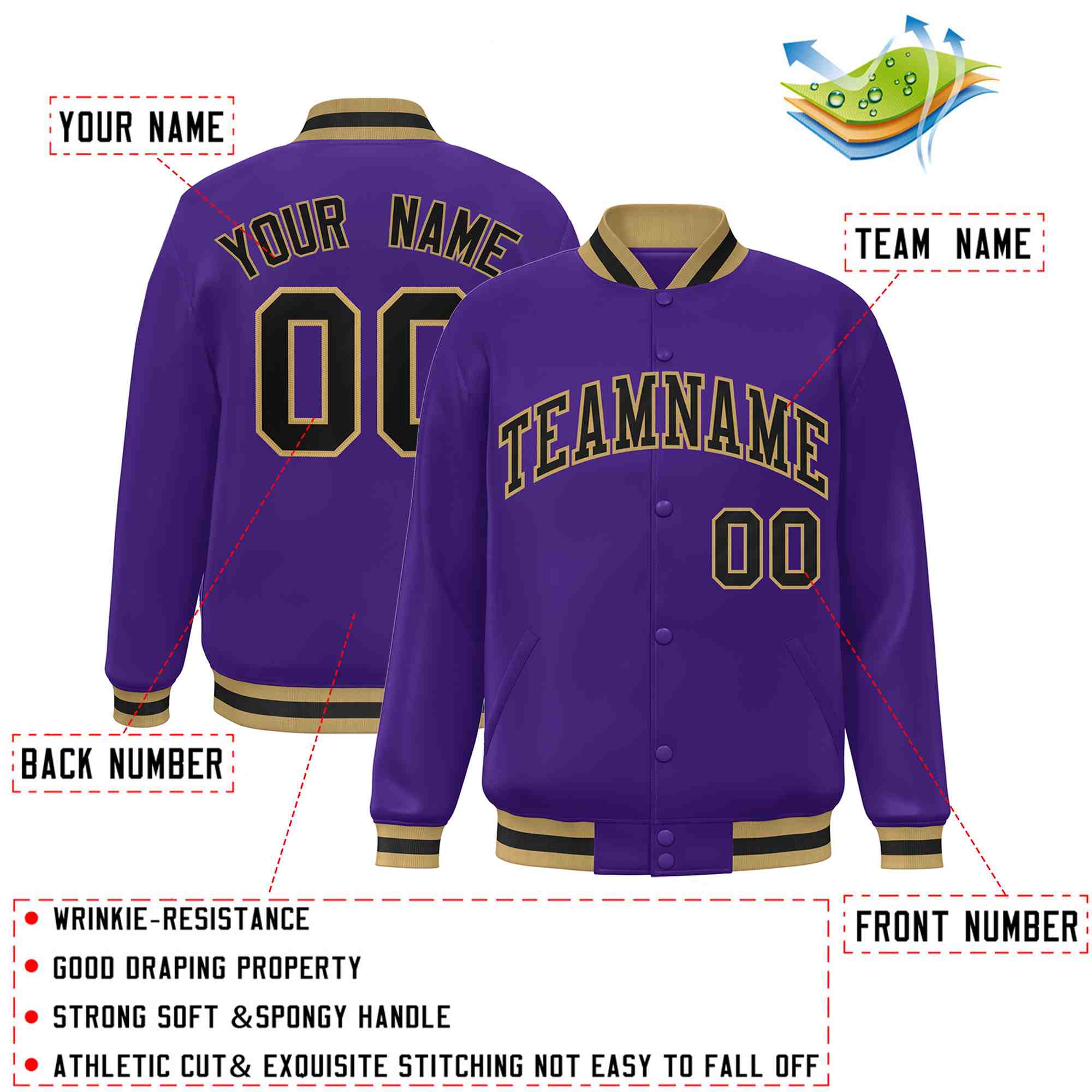 Custom Purple Black-Old Gold Classic Style Varsity Full-Snap Letterman Jacket