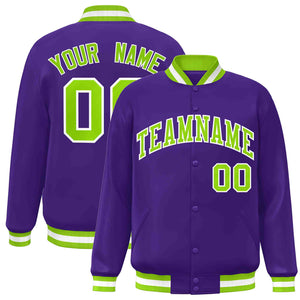 Custom Purple Neon Green-White Classic Style Varsity Full-Snap Letterman Jacket