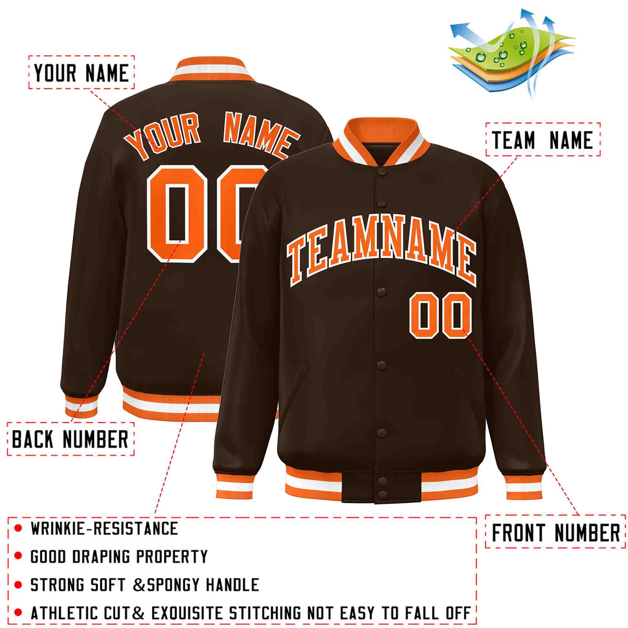 Custom Brown Orange-White Classic Style Varsity Full-Snap Letterman Jacket