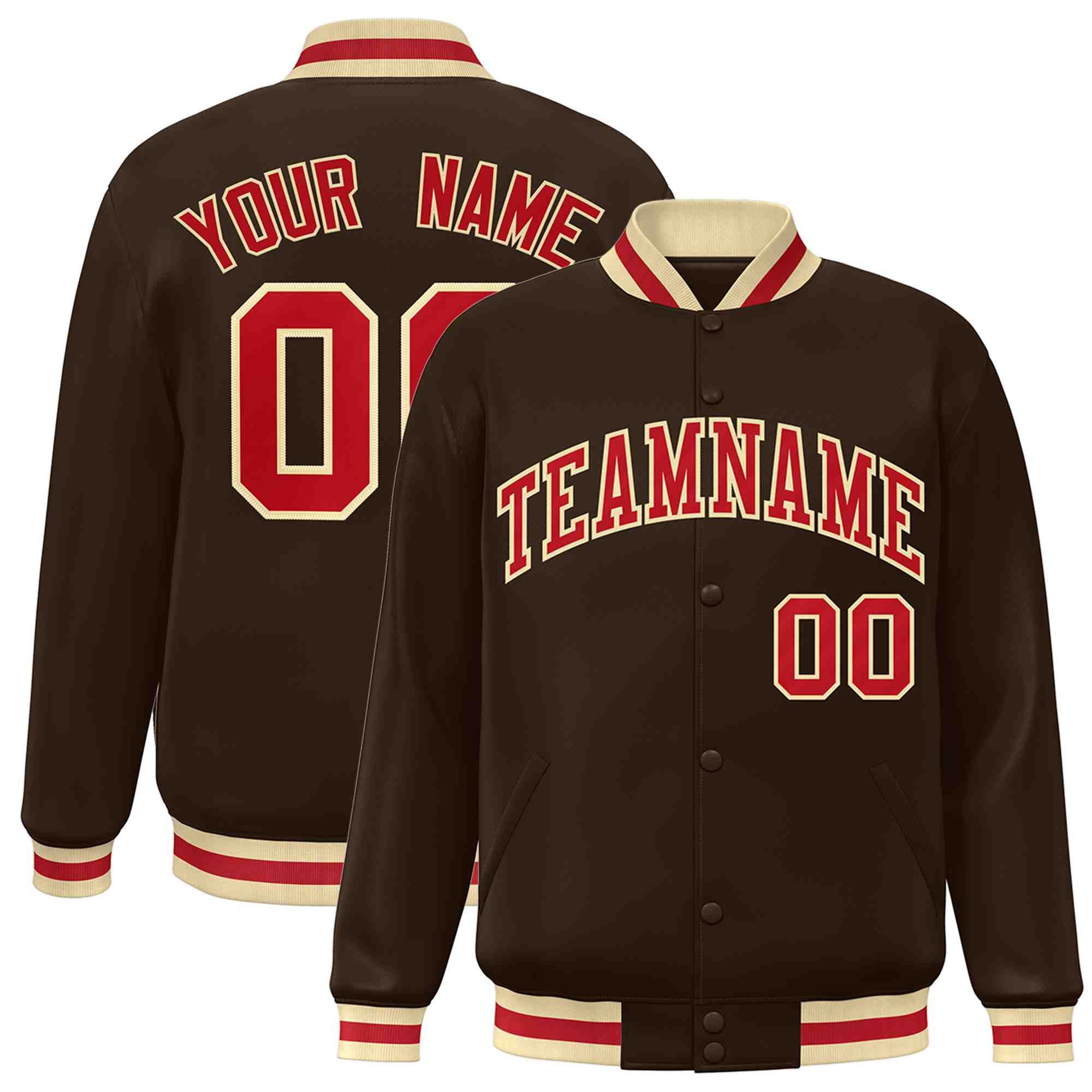 Custom Brown Red-Khaki Classic Style Varsity Full-Snap Letterman Jacket