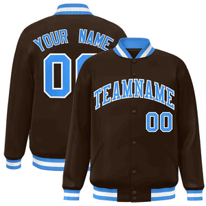 Custom Brown Powder Blue-White Classic Style Varsity Full-Snap Letterman Jacket