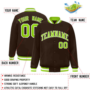 Custom Brown Neon Green-White Classic Style Varsity Full-Snap Letterman Jacket