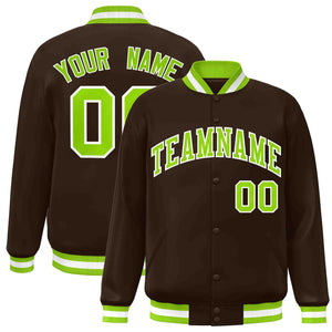 Custom Brown Neon Green-White Classic Style Varsity Full-Snap Letterman Jacket