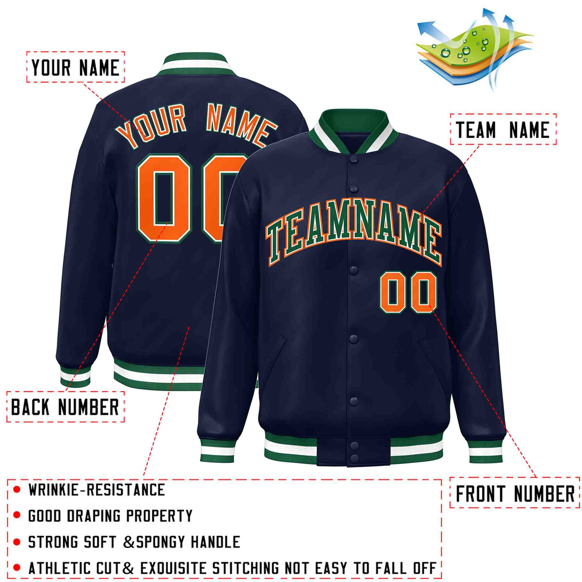 Custom Navy Green-White Classic Style Varsity Full-Snap Letterman Jacket