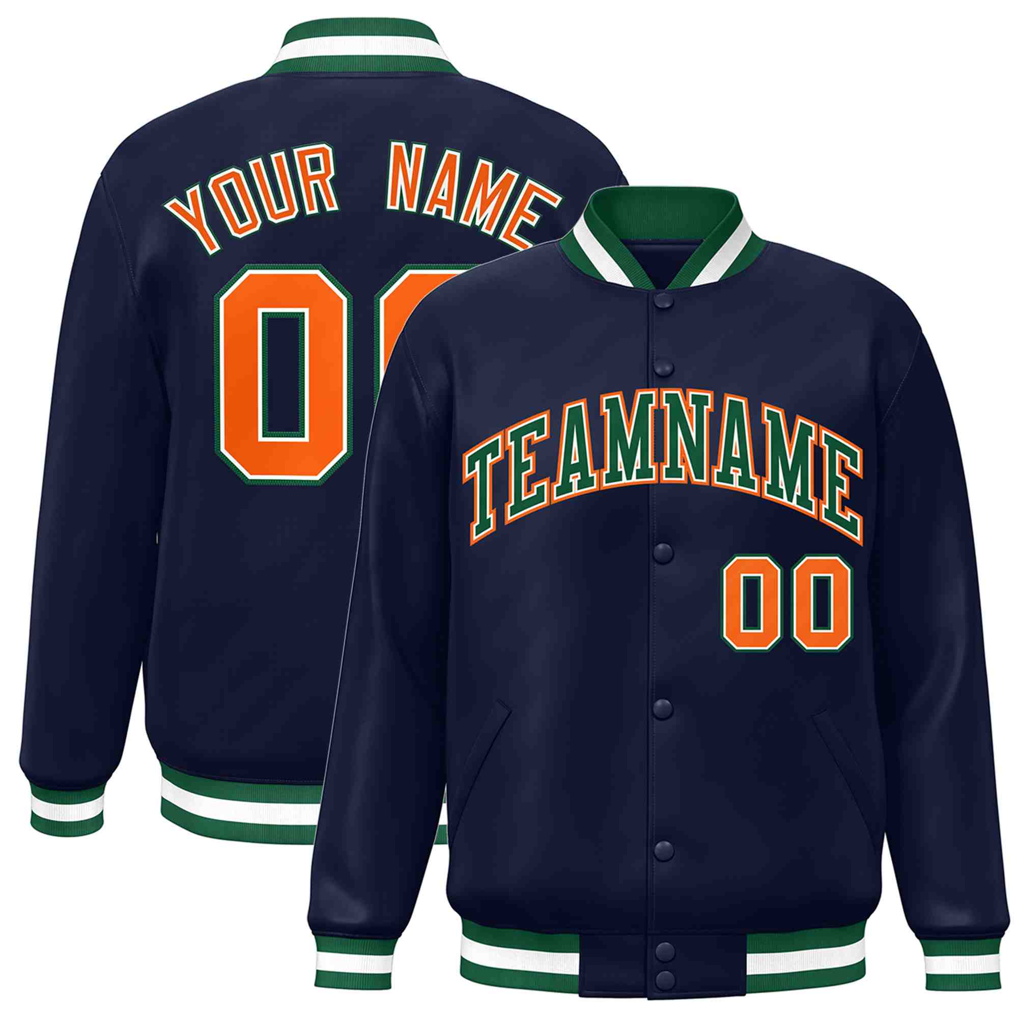 Custom Navy Green-White Classic Style Varsity Full-Snap Letterman Jacket