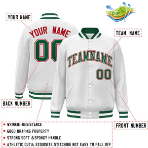 Custom White Green-White Classic Style Varsity Full-Snap Letterman Jacket