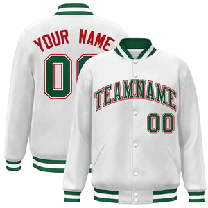 Custom White Green-White Classic Style Varsity Full-Snap Letterman Jacket