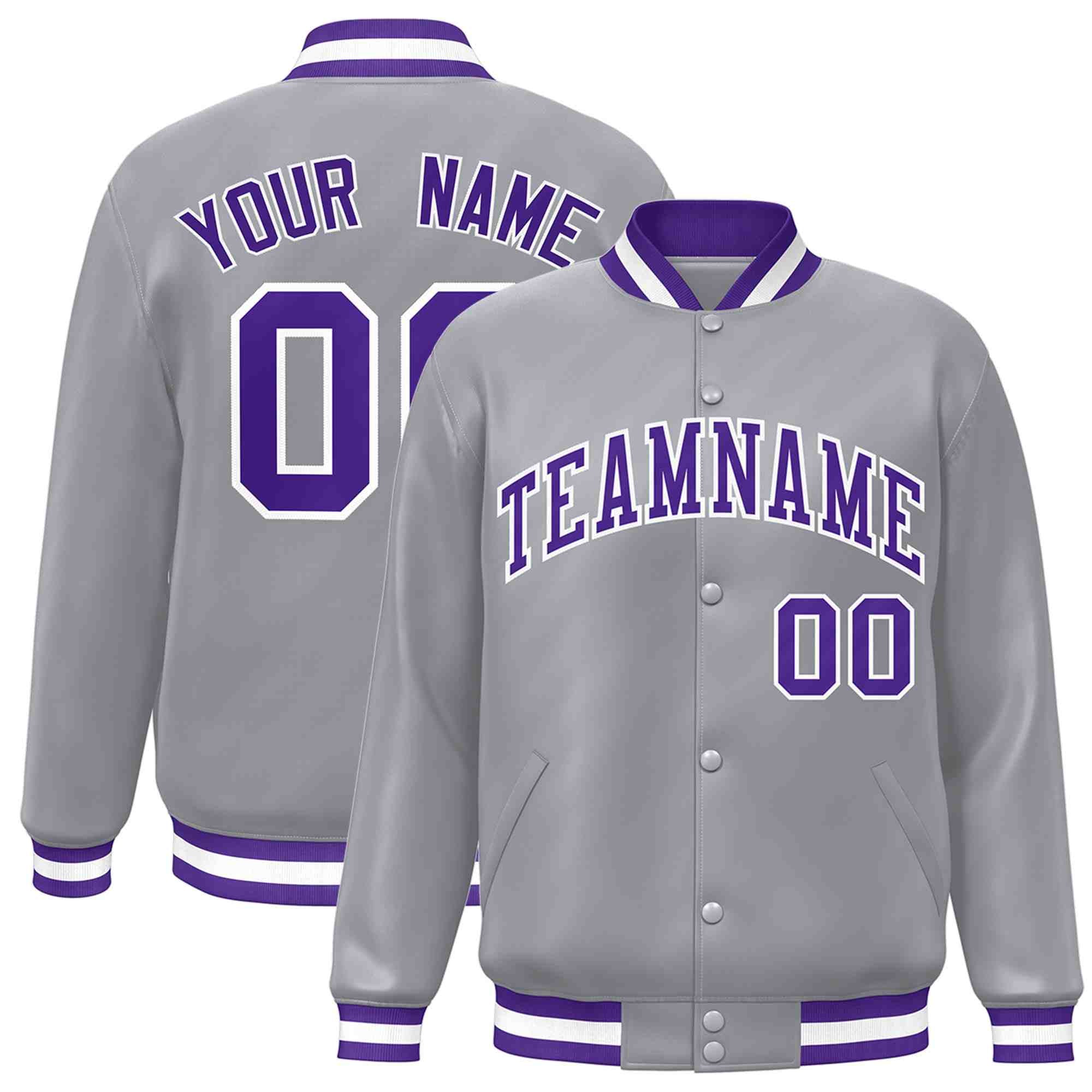 Custom Gray Purple-White Classic Style Varsity Full-Snap Letterman Jacket