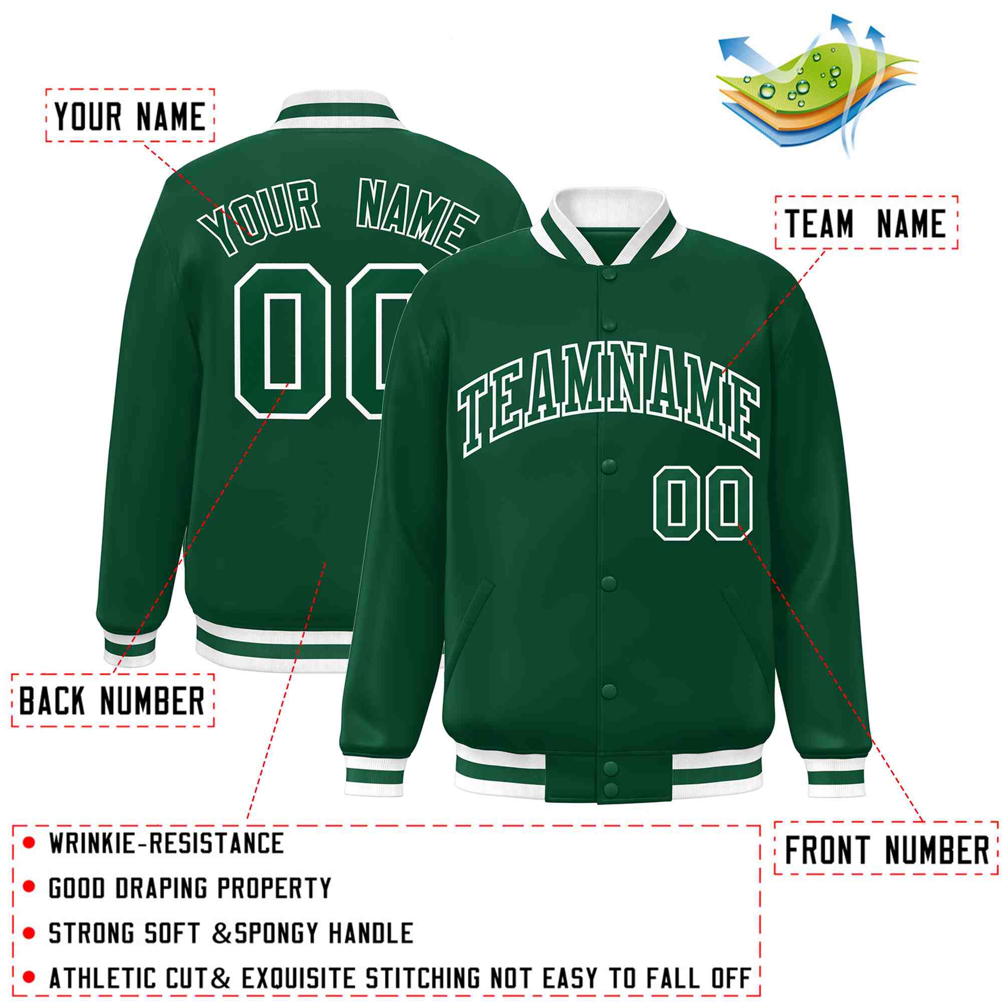 Custom Green Green-White Classic Style Varsity Full-Snap Letterman Jacket