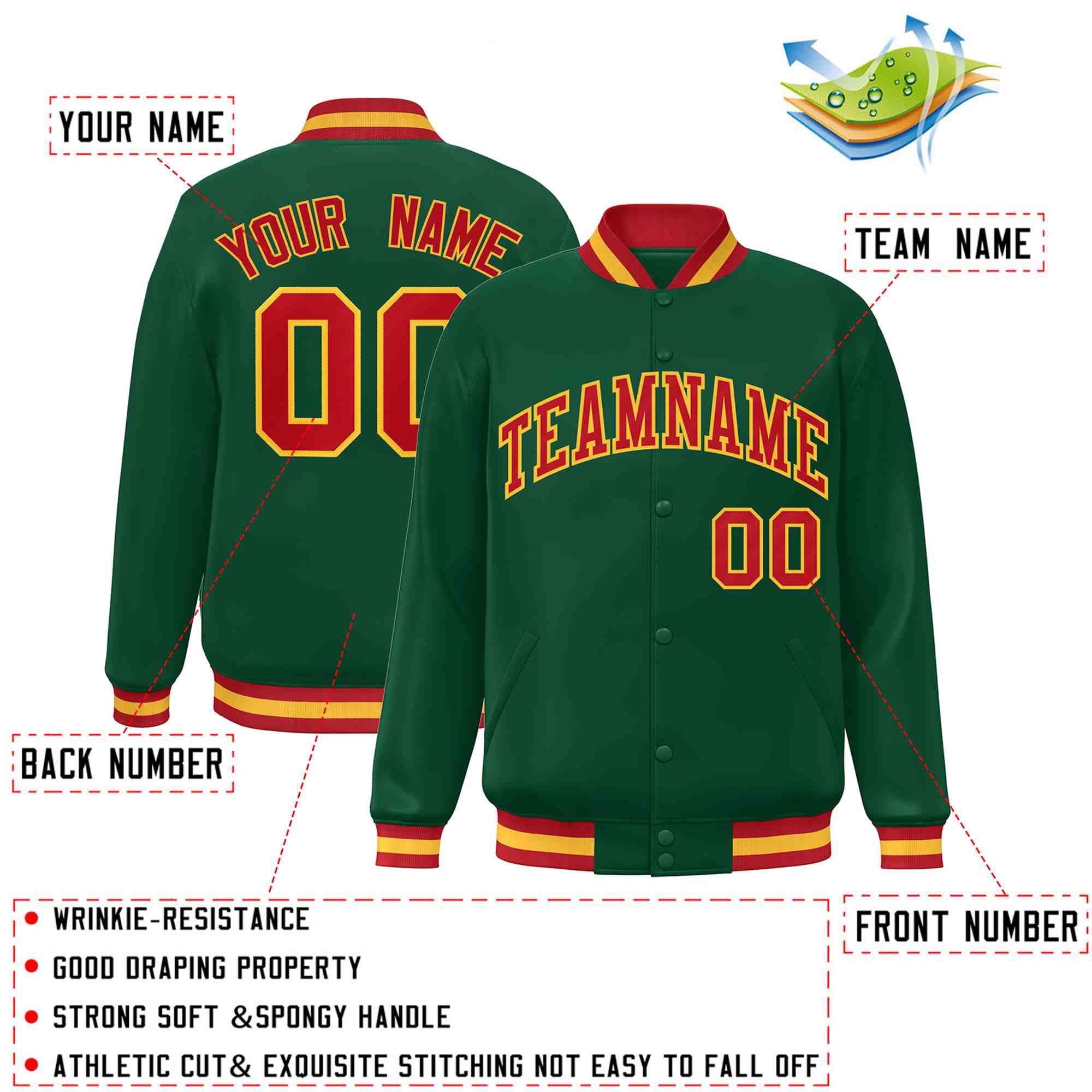 Custom Green Red-Gold Classic Style Varsity Full-Snap Letterman Jacket