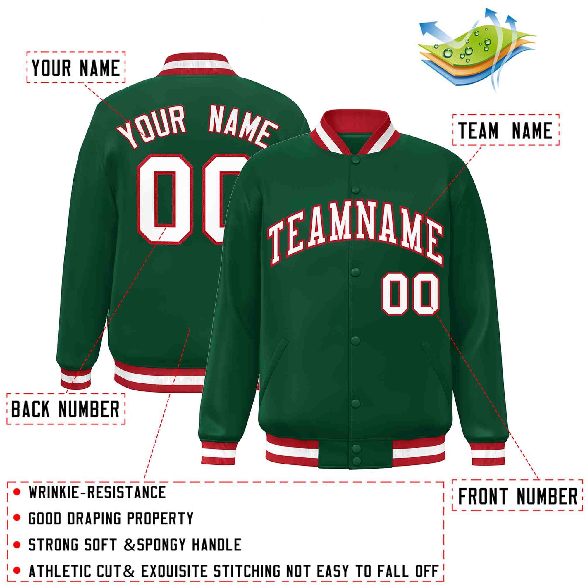 Custom Green White-Red Classic Style Varsity Full-Snap Letterman Jacket