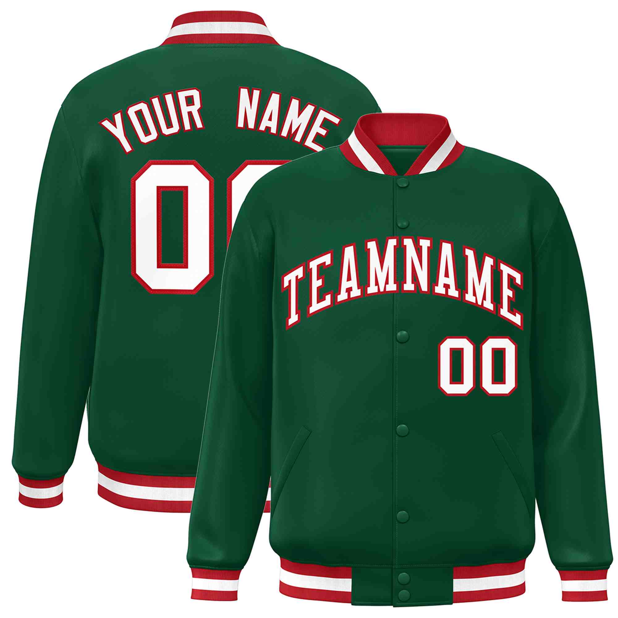 Custom Green White-Red Classic Style Varsity Full-Snap Letterman Jacket