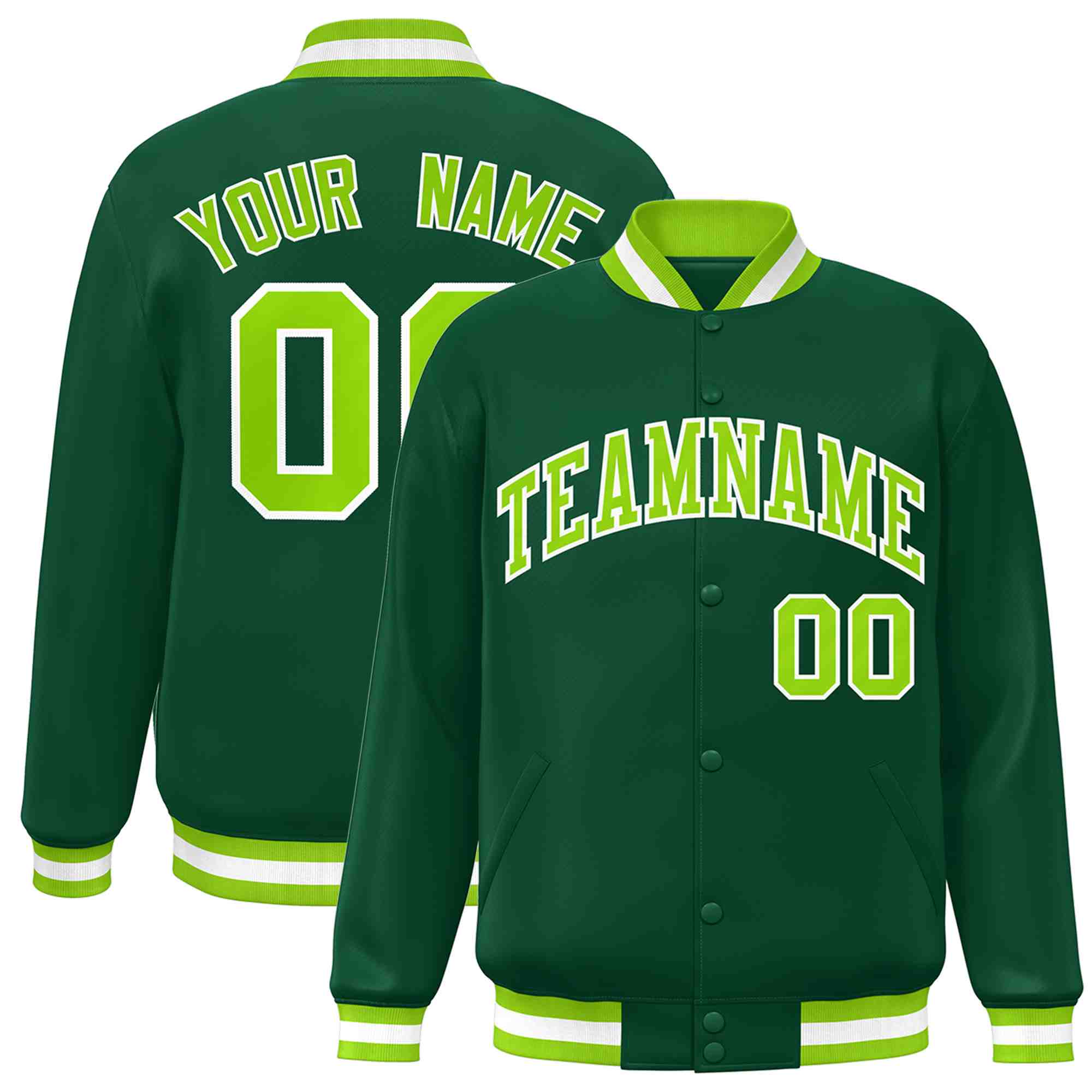 Custom Green Neon Green-White Classic Style Varsity Full-Snap Letterman Jacket