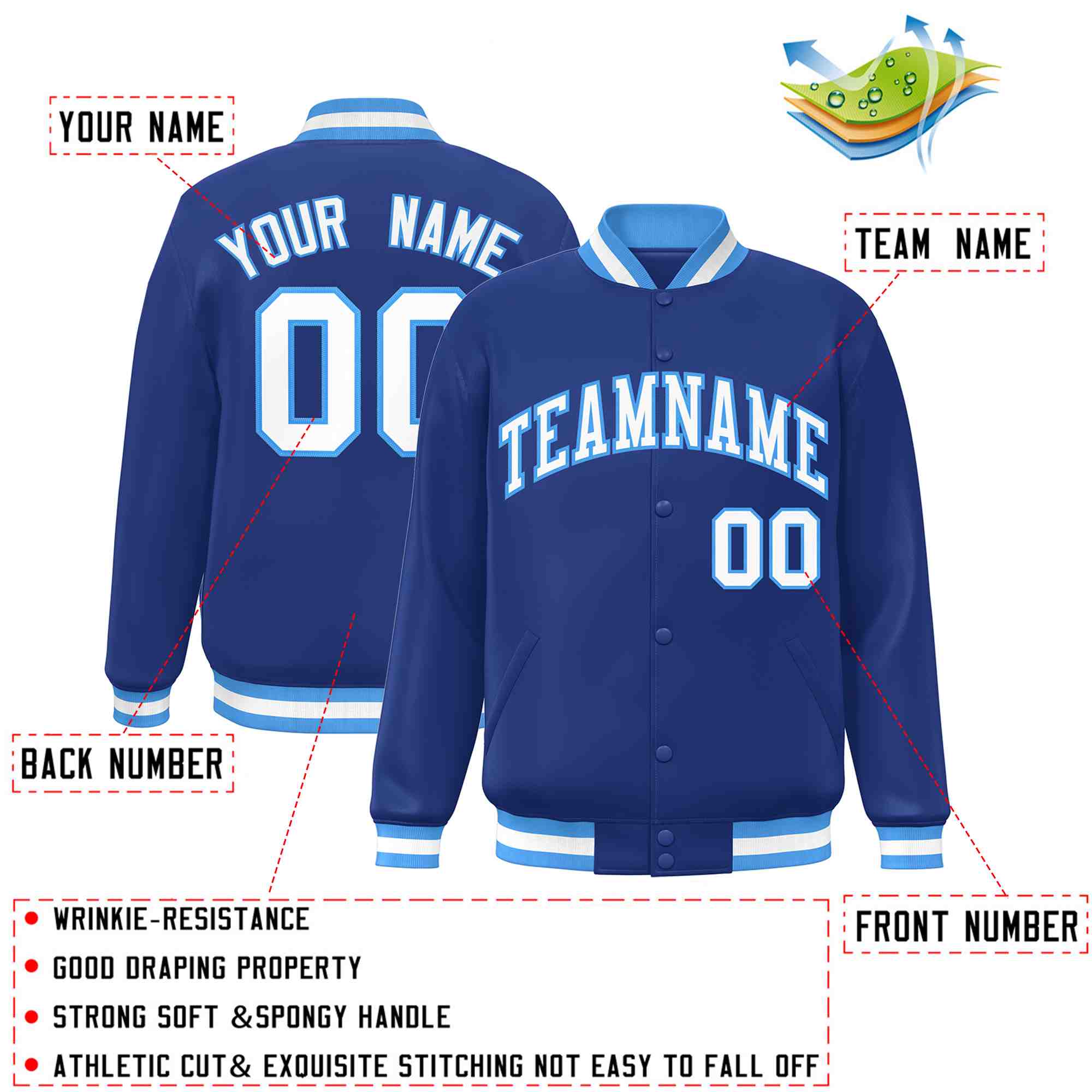 Custom Royal White-Powder Blue Classic Style Varsity Full-Snap Letterman Jacket