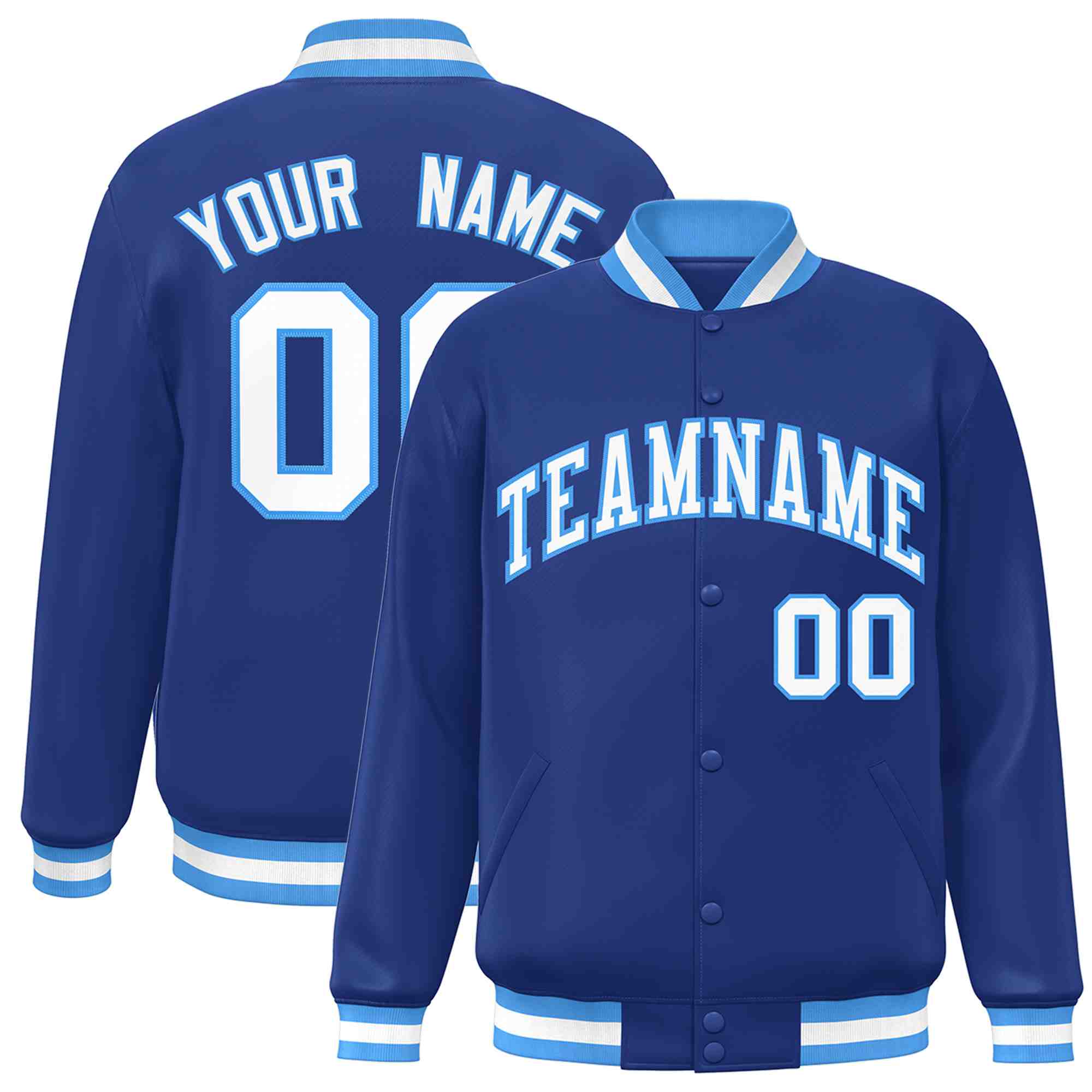 Custom Royal White-Powder Blue Classic Style Varsity Full-Snap Letterman Jacket