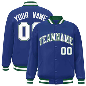 Custom Royal White-Green Classic Style Varsity Full-Snap Letterman Jacket