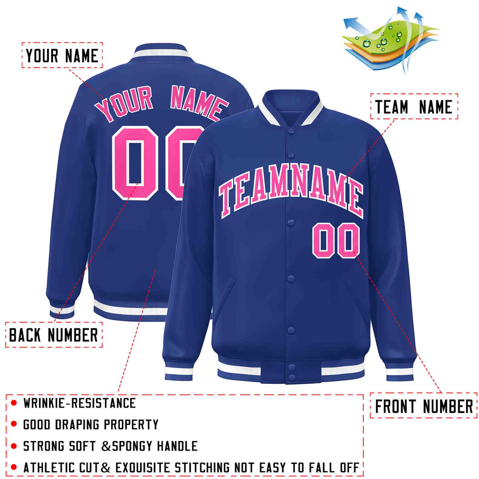 Custom Royal Pink-White Classic Style Varsity Full-Snap Letterman Jacket