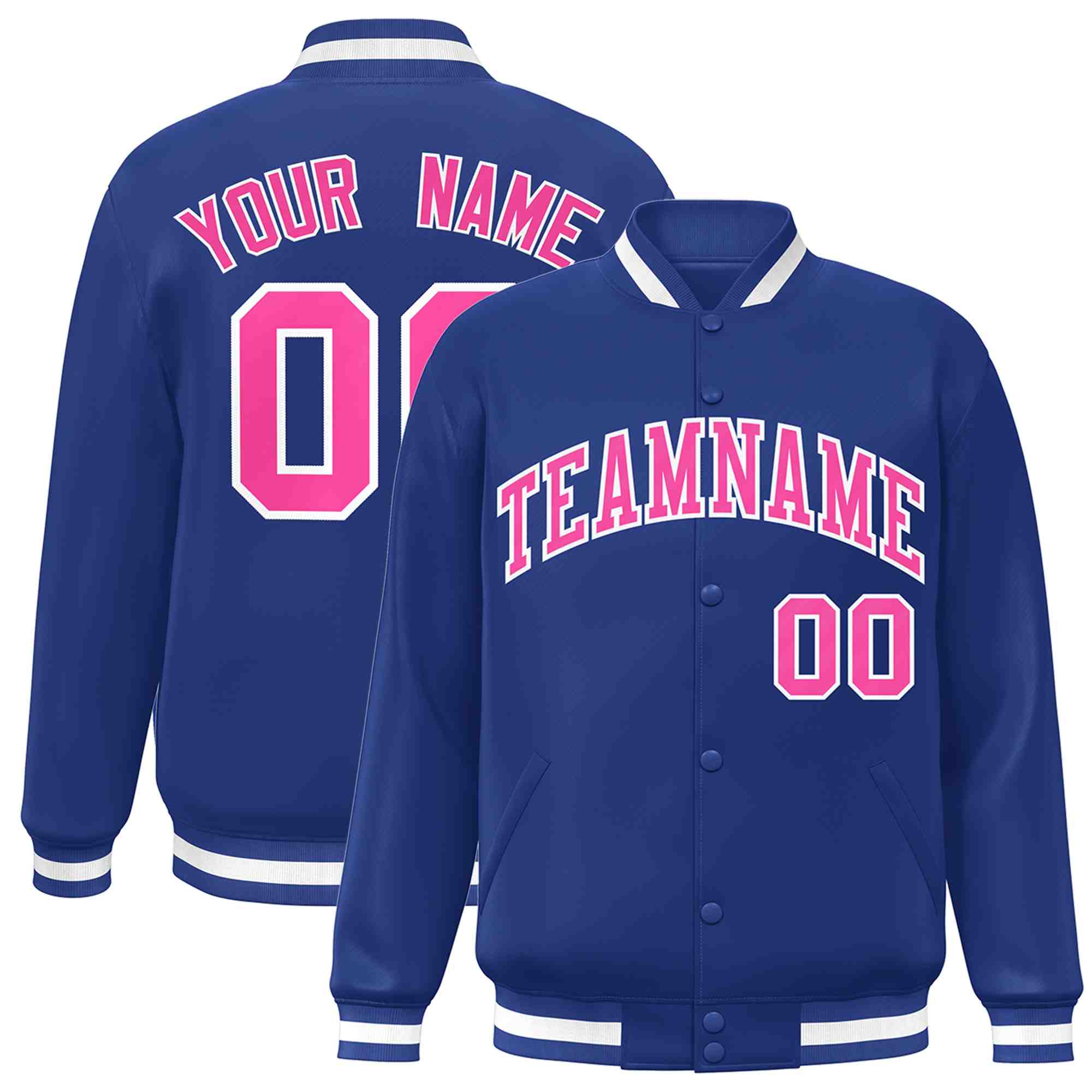 Custom Royal Pink-White Classic Style Varsity Full-Snap Letterman Jacket