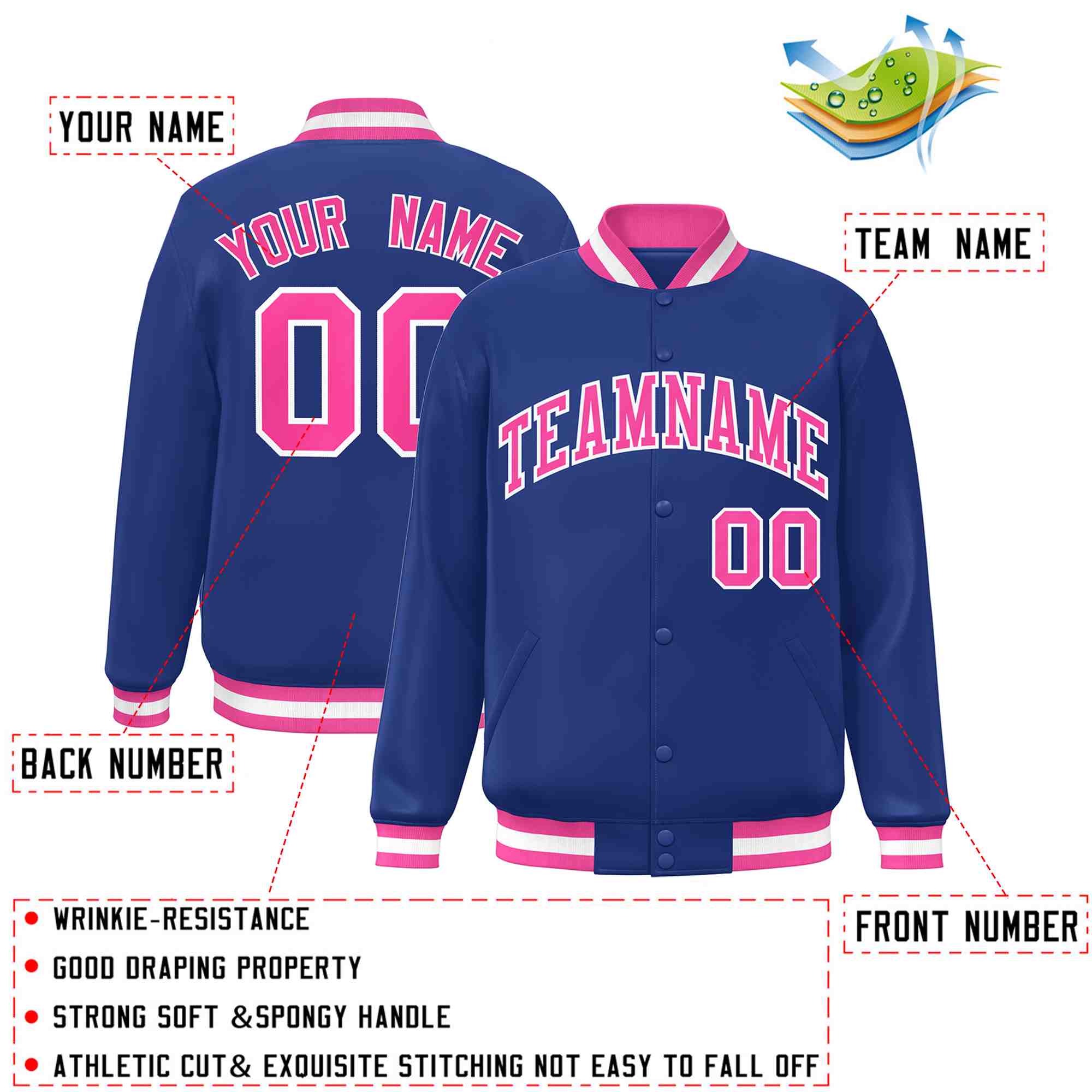 Custom Royal Pink-White Classic Style Varsity Full-Snap Letterman Jacket