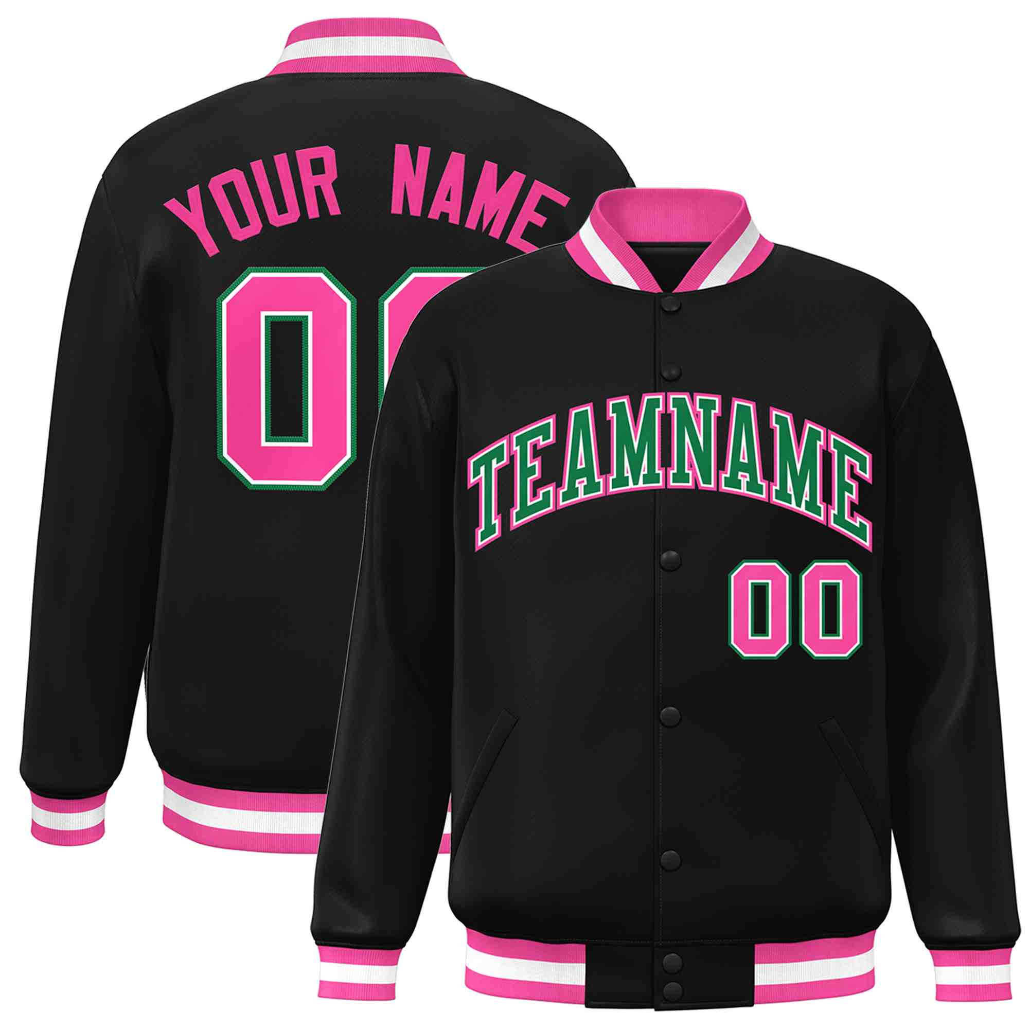 Custom Black Green-White Classic Style Varsity Full-Snap Letterman Jacket