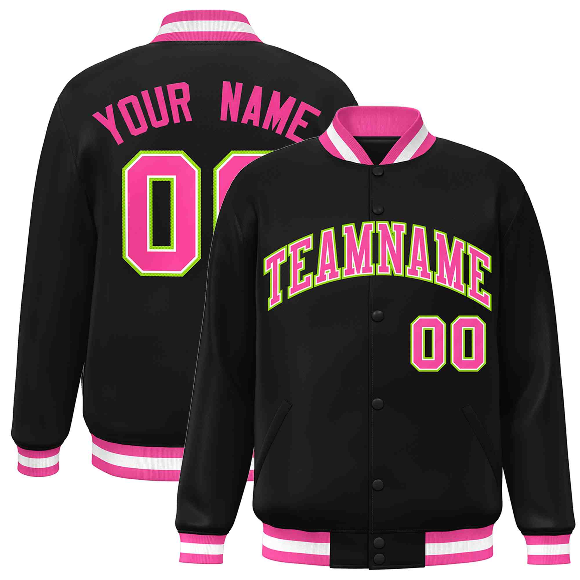 Custom Black Pink-White Classic Style Varsity Full-Snap Letterman Jacket