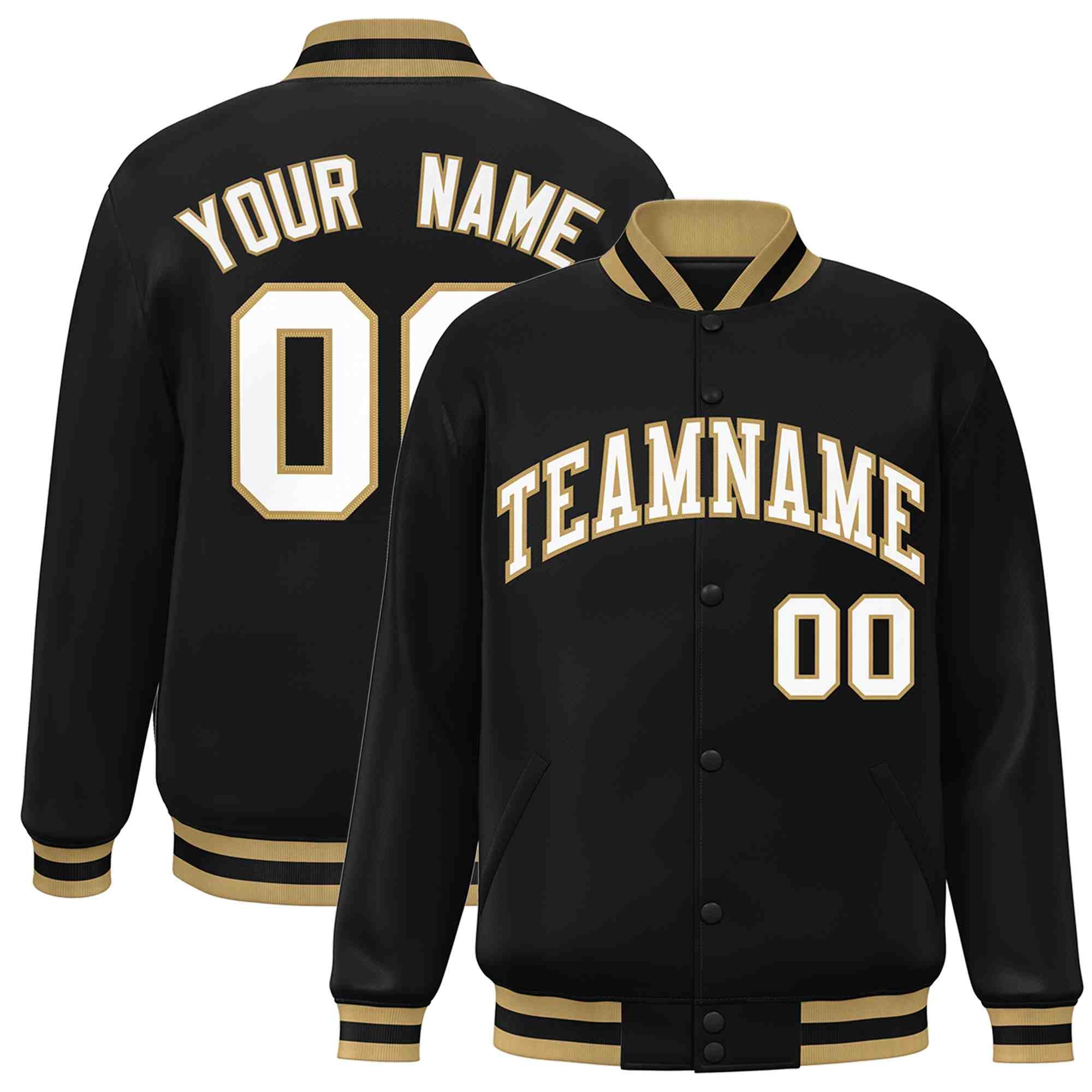 Custom Black White-Old Gold Classic Style Varsity Full-Snap Letterman Jacket