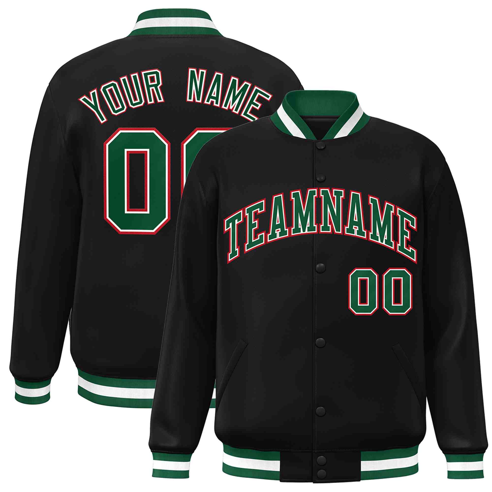 Custom Black Green-White Classic Style Varsity Full-Snap Letterman Jacket