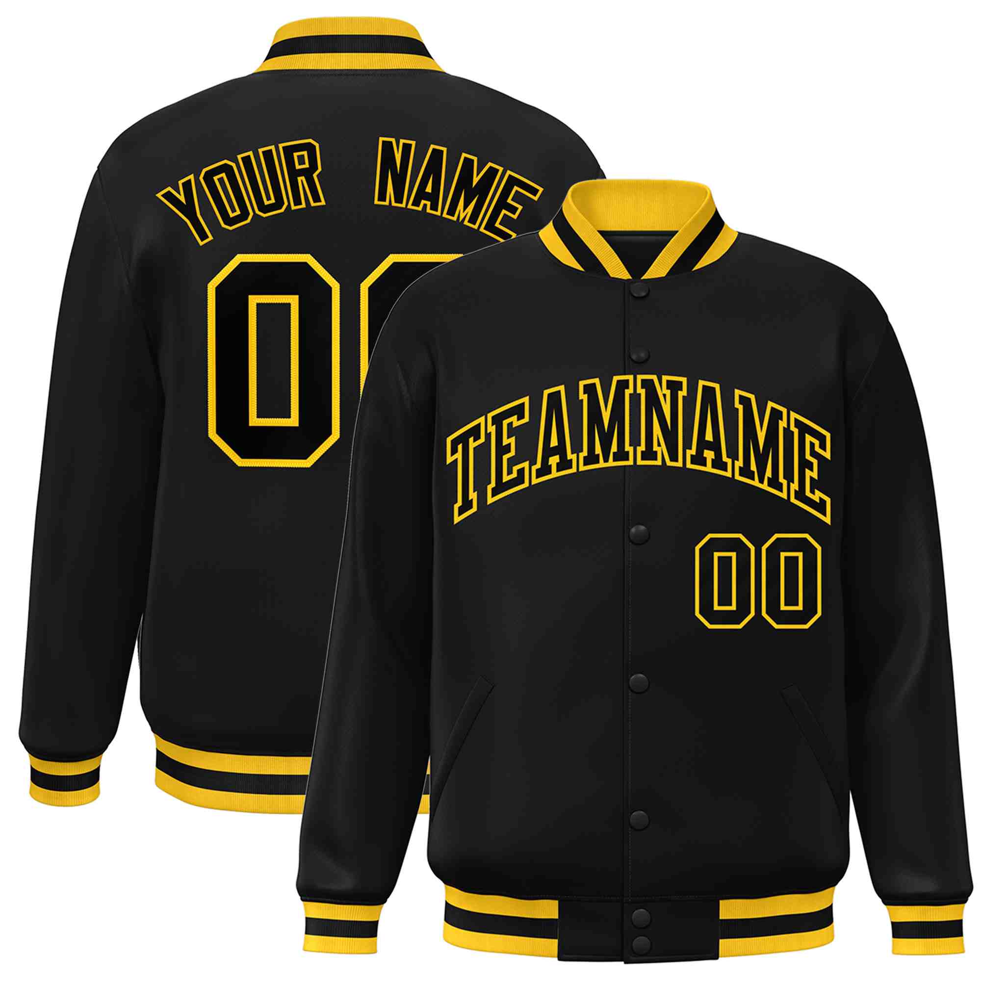 Custom Black Black-Gold Classic Style Varsity Full-Snap Letterman Jacket