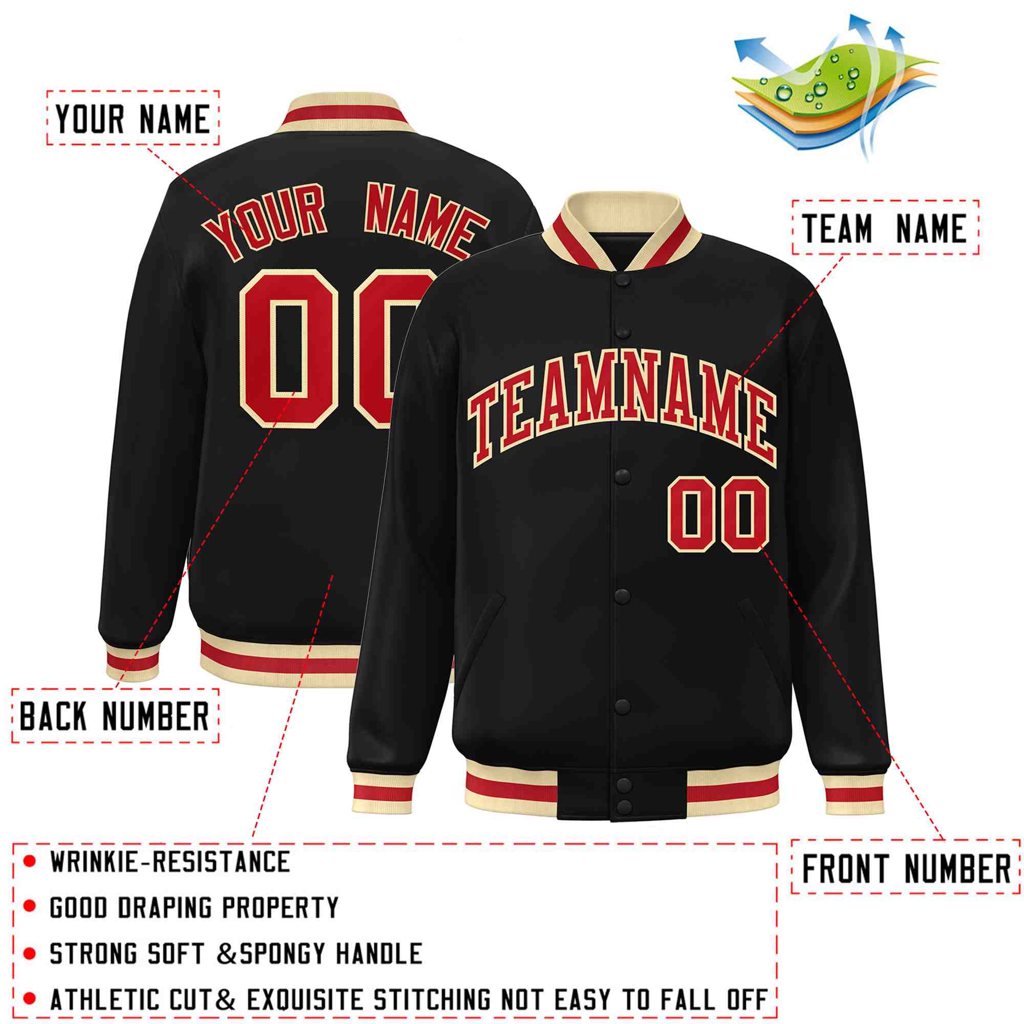 Custom Black Red-Khaki Classic Style Varsity Full-Snap Letterman Jacket