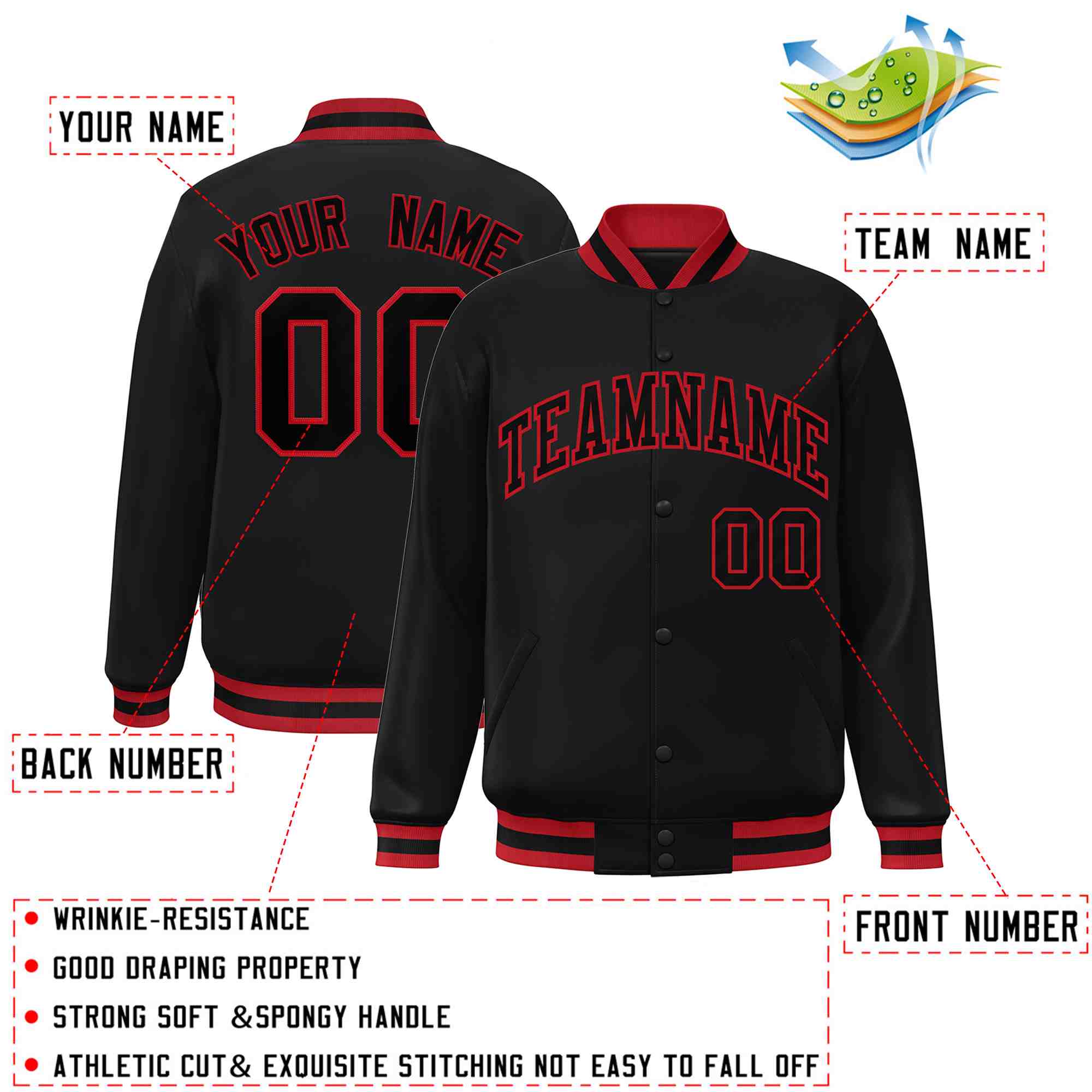 Custom Black Black-Red Classic Style Varsity Full-Snap Letterman Jacket