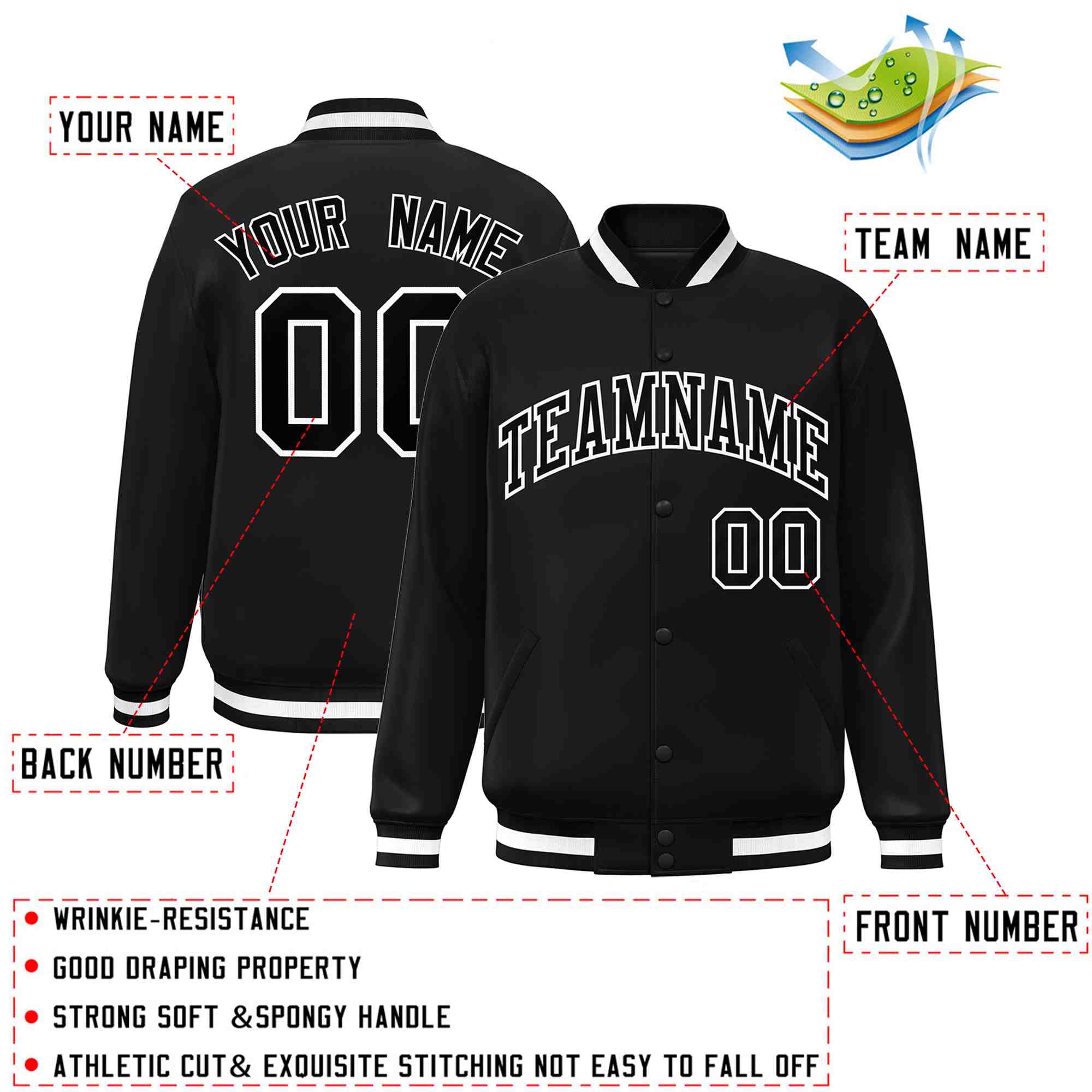 Custom Black Black-White Classic Style Varsity Full-Snap Letterman Jacket