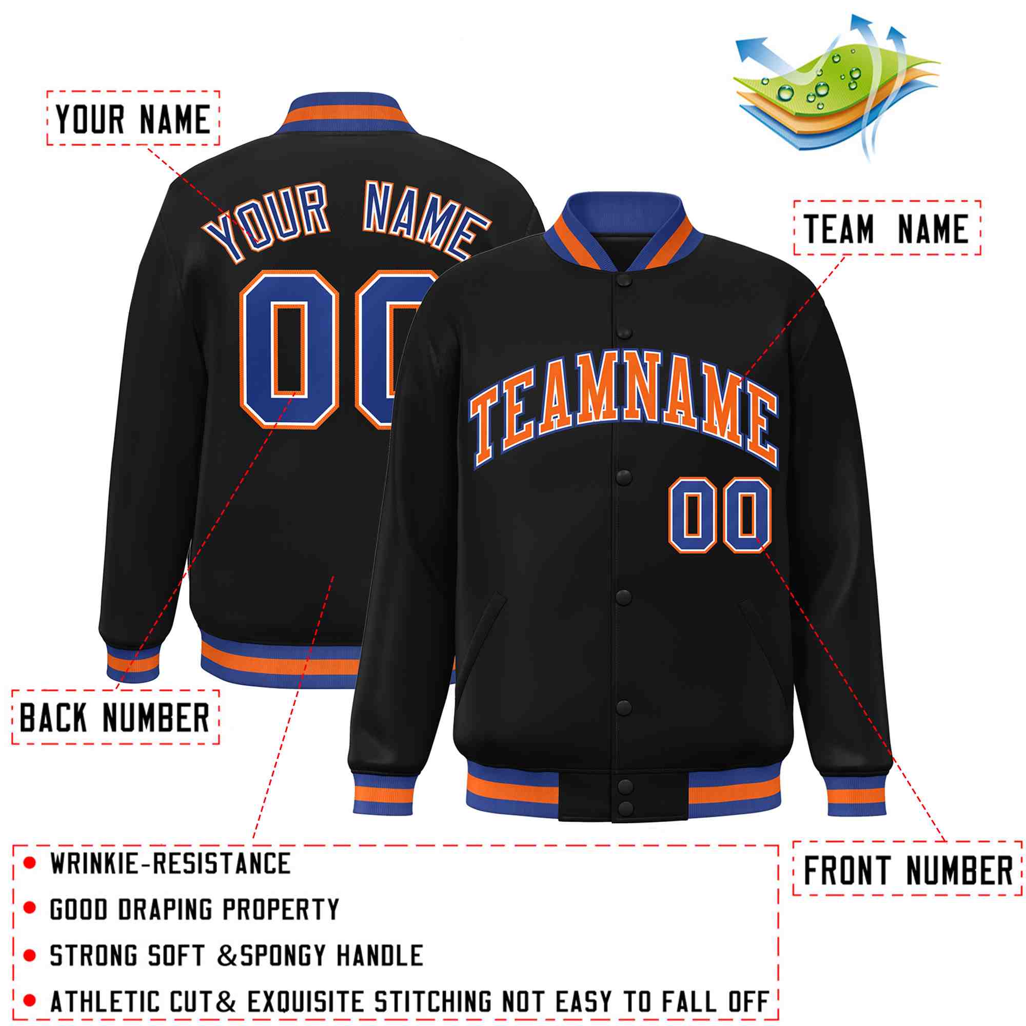 Custom Black Orange-White Classic Style Varsity Full-Snap Letterman Jacket