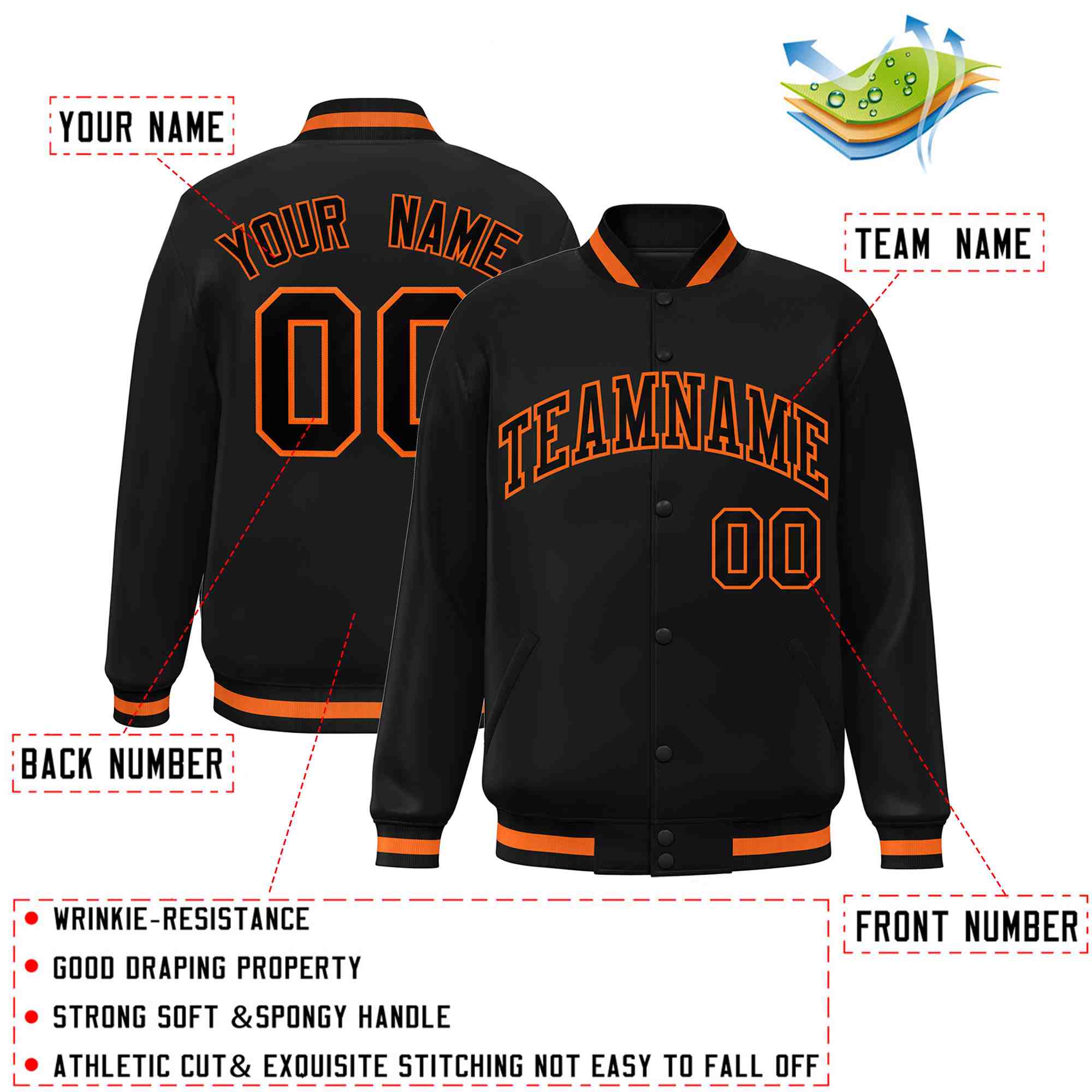 Custom Black Black-Orange Classic Style Varsity Full-Snap Letterman Jacket